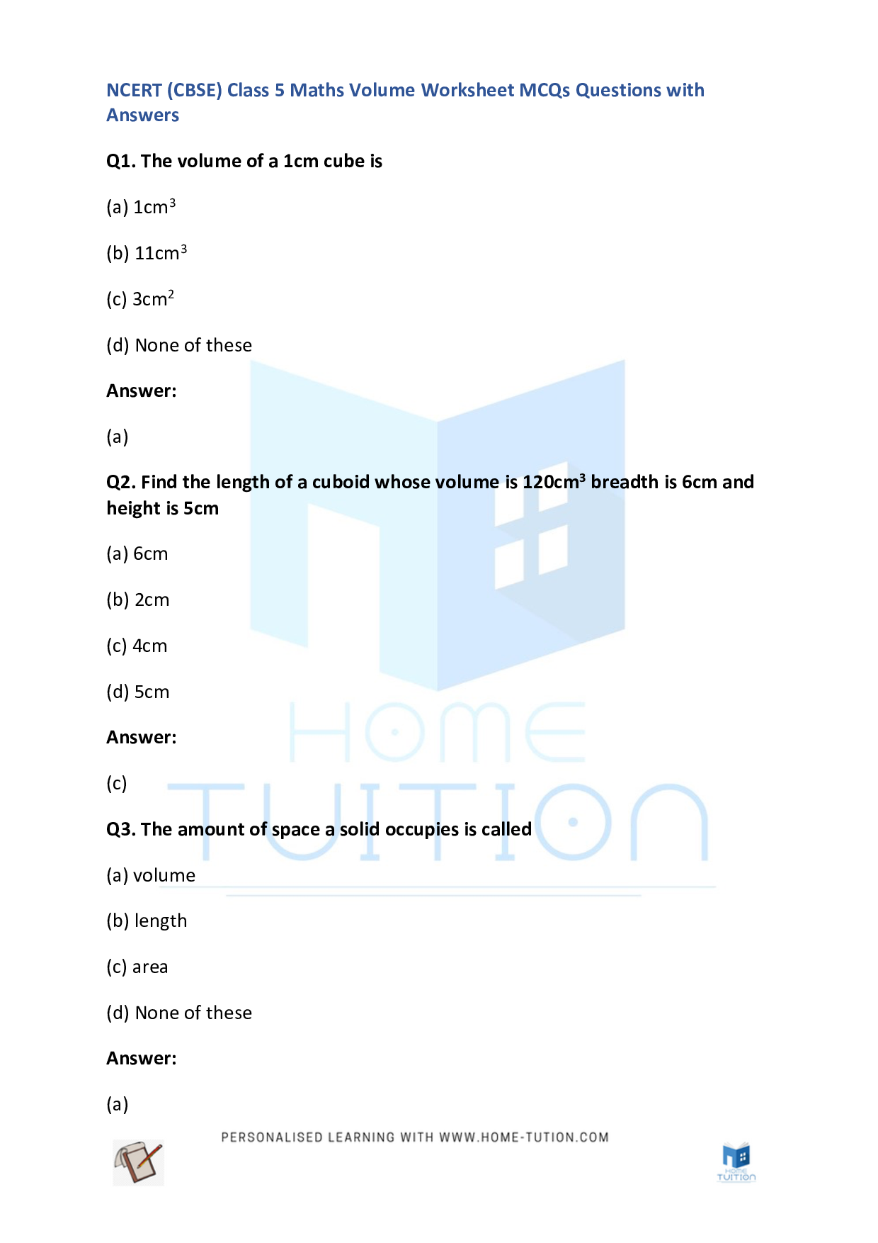 CBSE Class 5 Maths Volume Worksheet with Answers PDF 