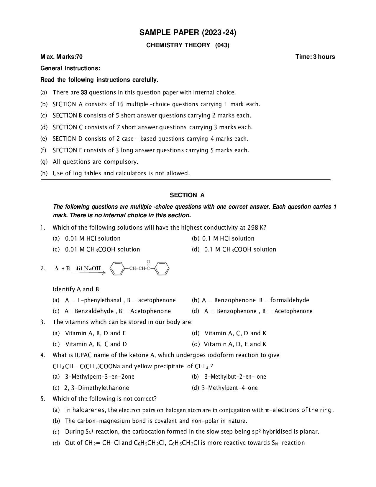 Class 12 Sample Papers for Chemistry