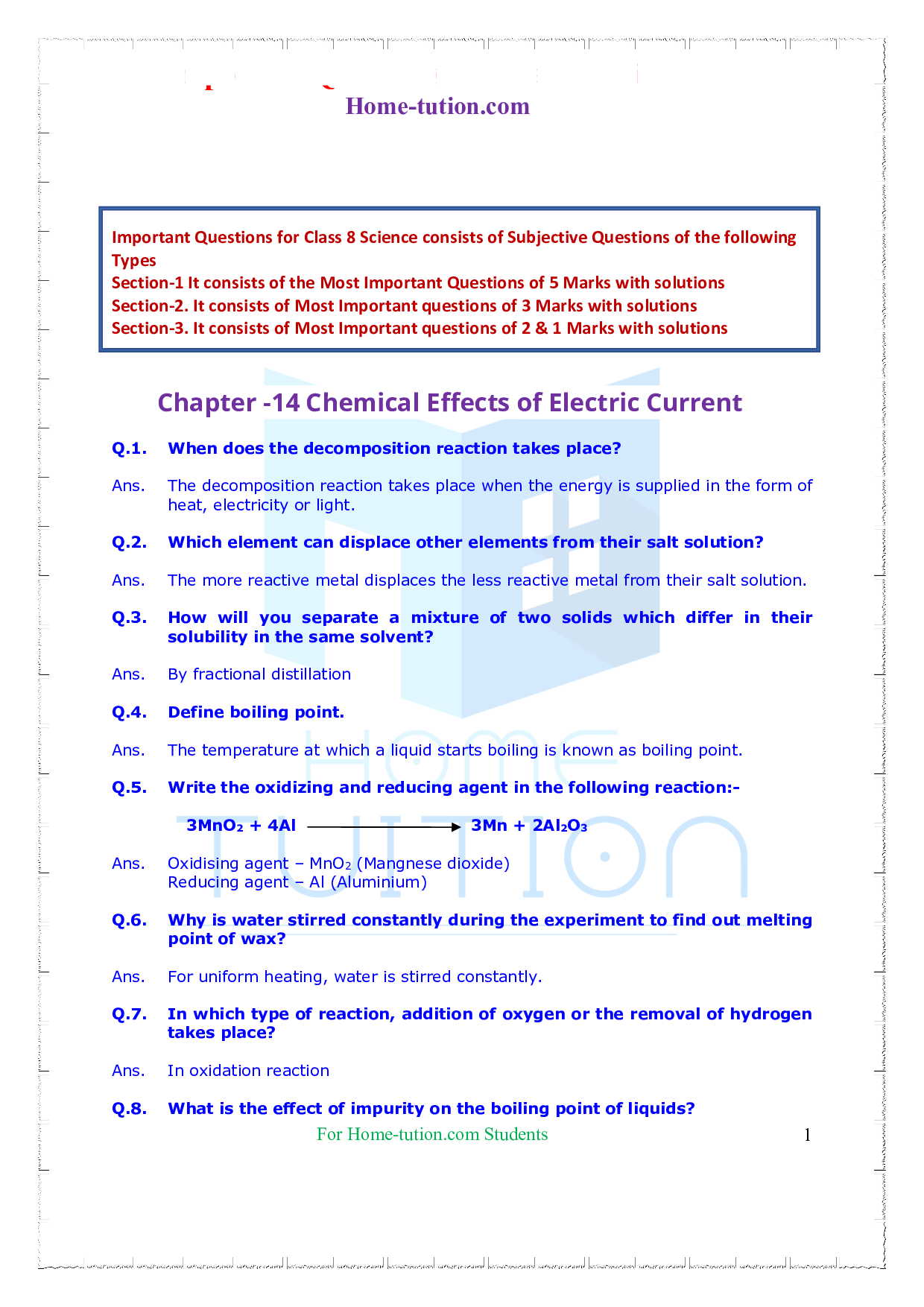 Important Questions for Chapter -14 Chemical Effects of Electric Current