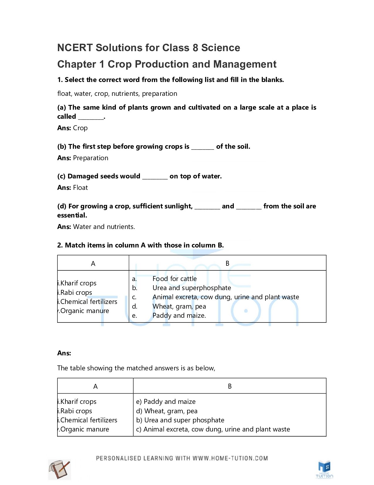 Class 8 Science Chapter 1 Crop Production and Management