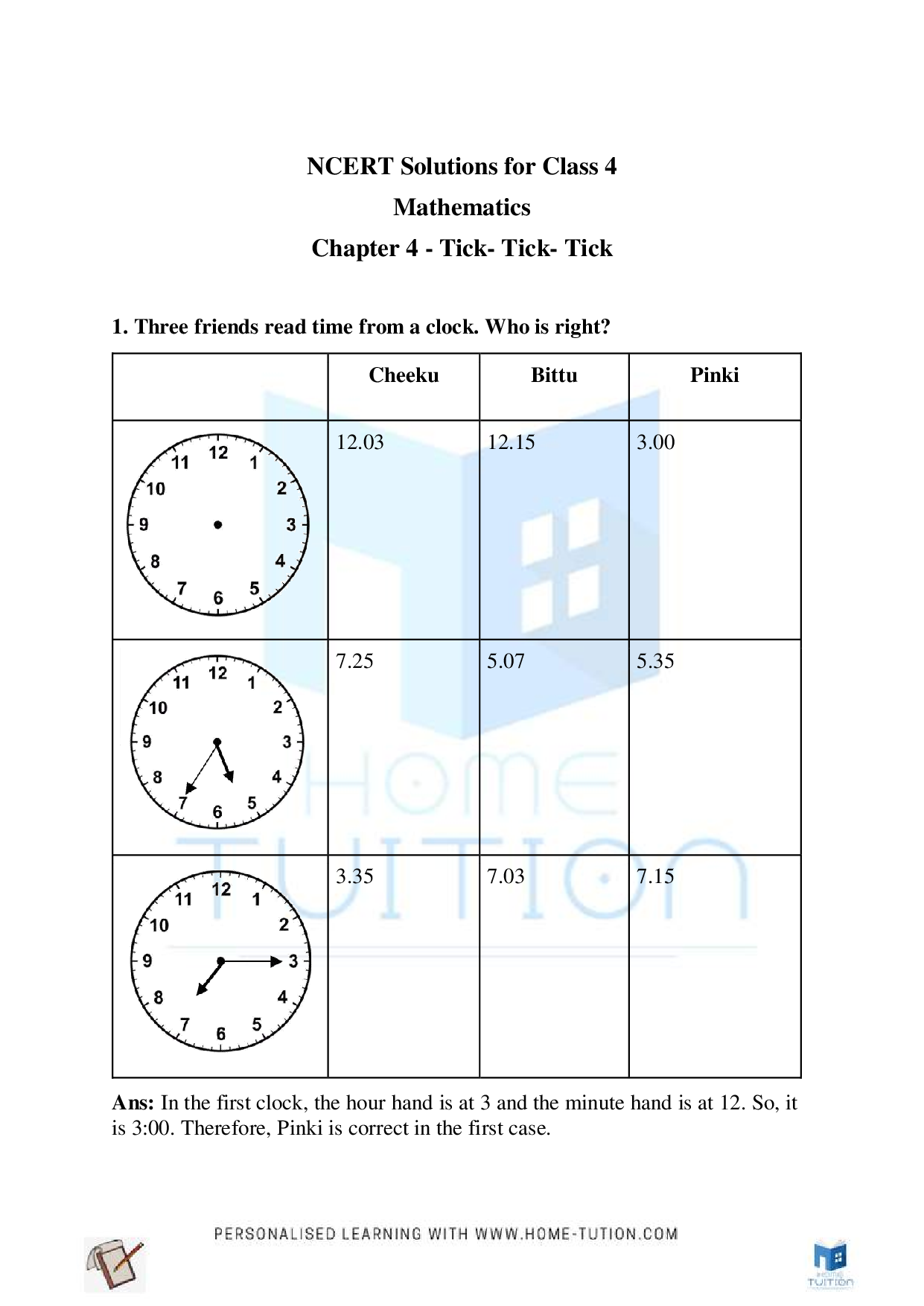 NCERT Class 4 Maths Chapter-4 Tick-tick-tick