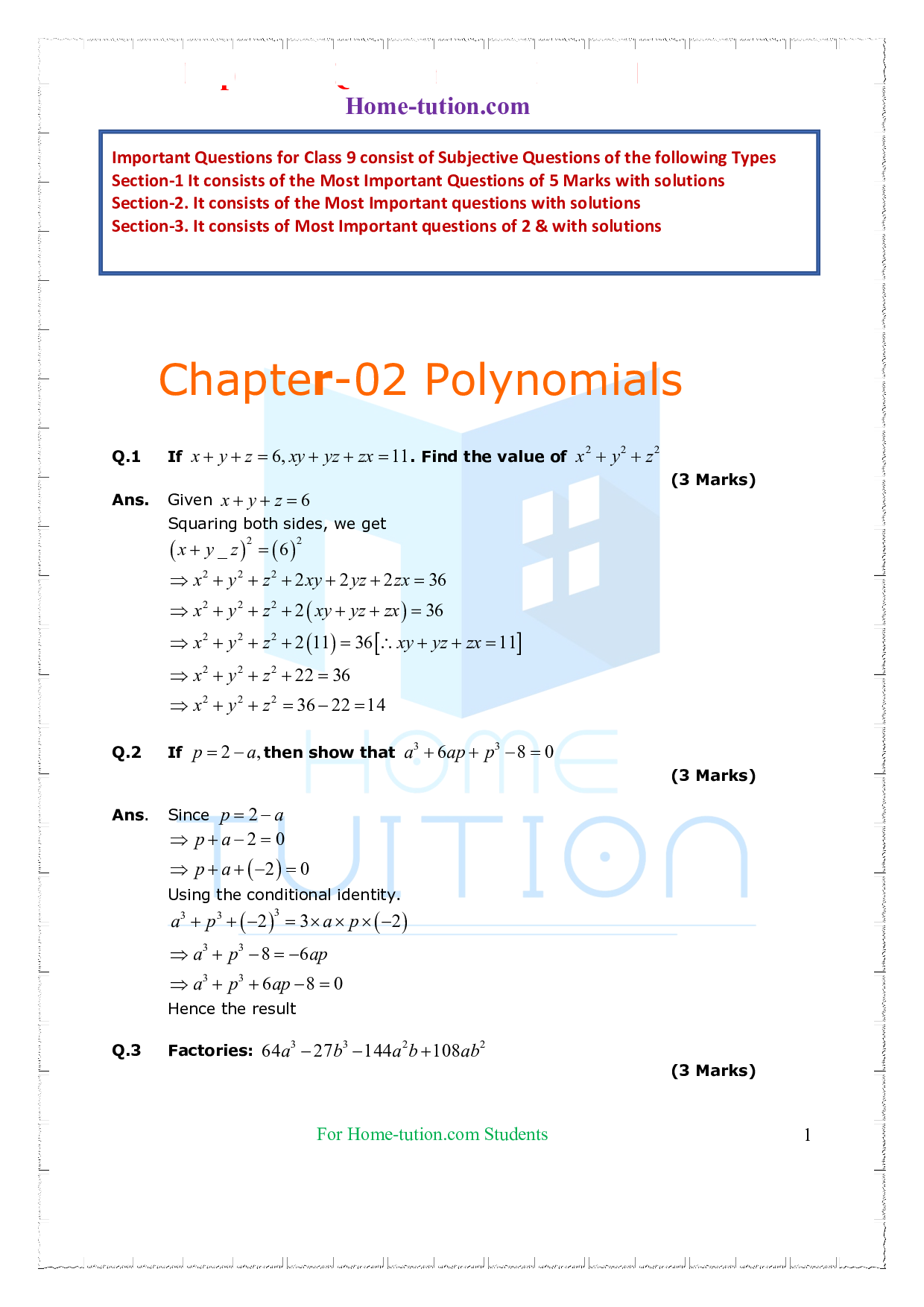 Questions for Class 9 Maths Chapter 2 Polynomials