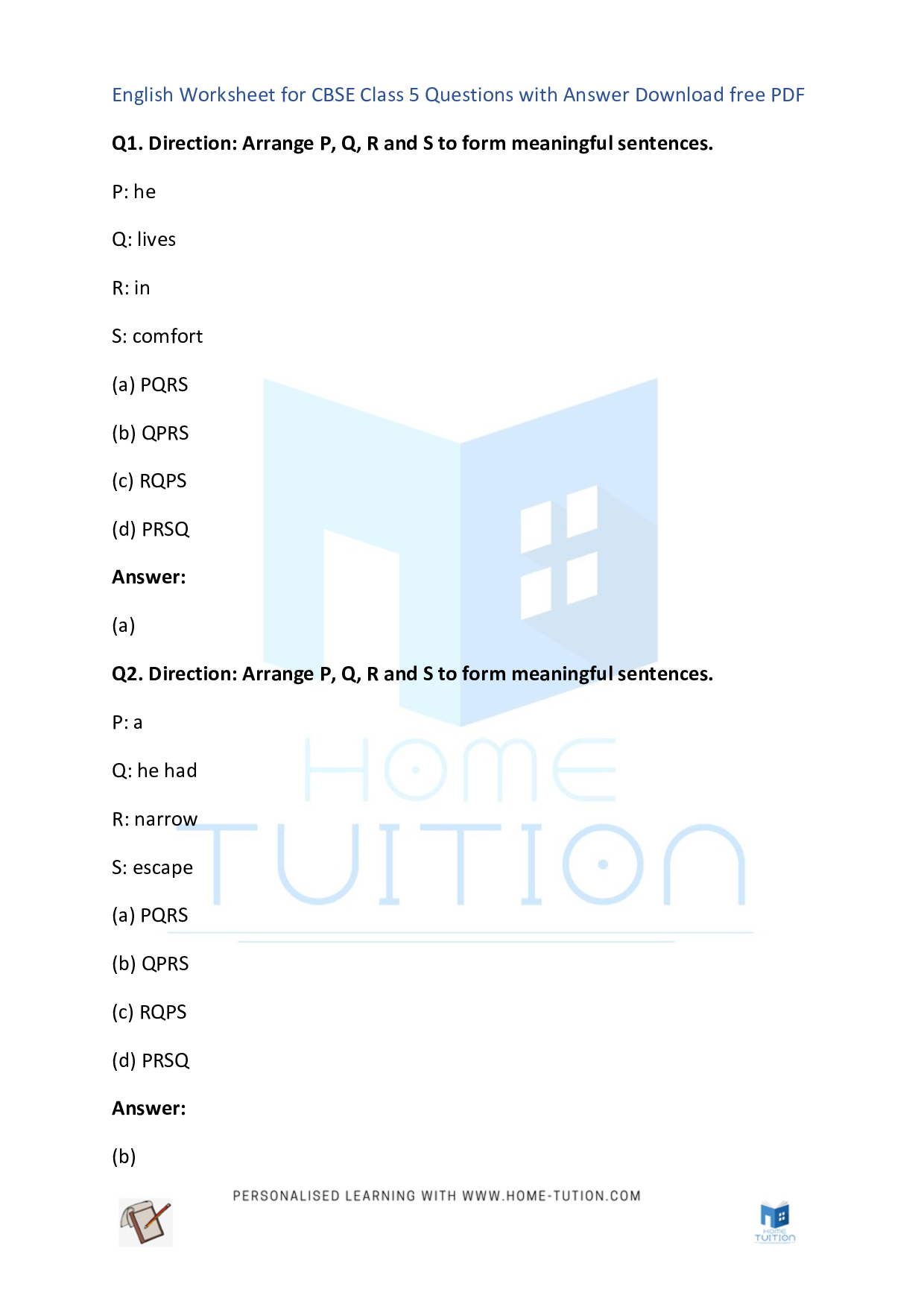 CBSE Class 5 English Jumbled Sentences and Words Worksheet PDF