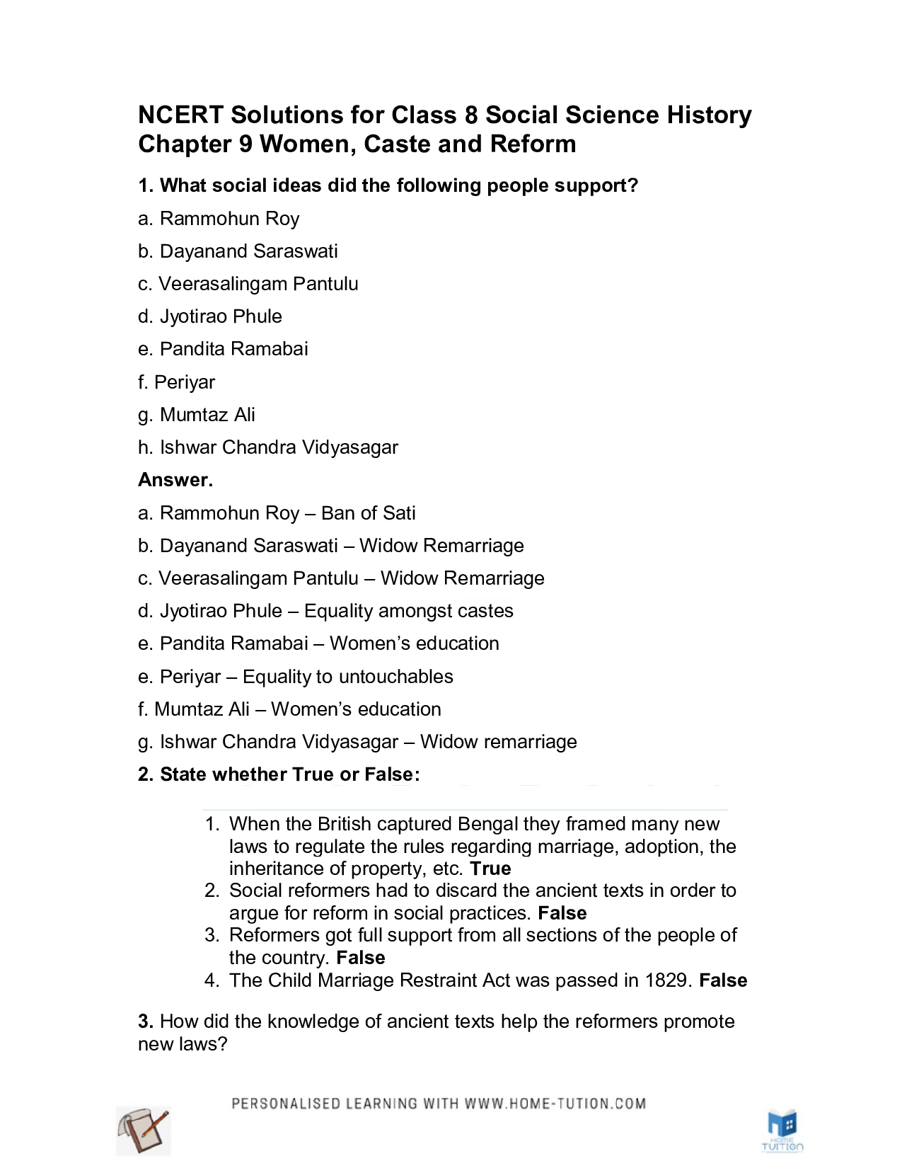 Chapter 8 – Women, Caste and Reform