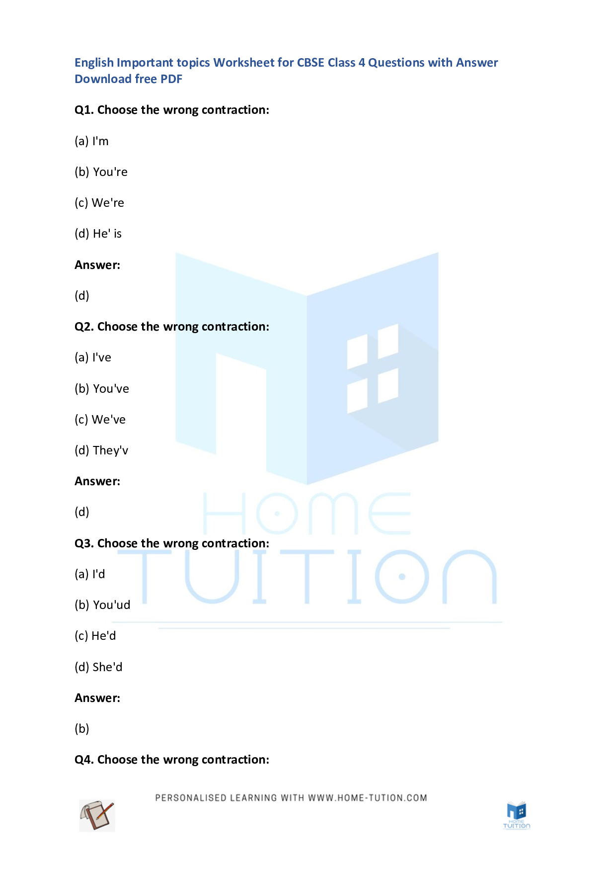 CBSE Worksheet For Class 4 English Contractions Free PDF Home Tution