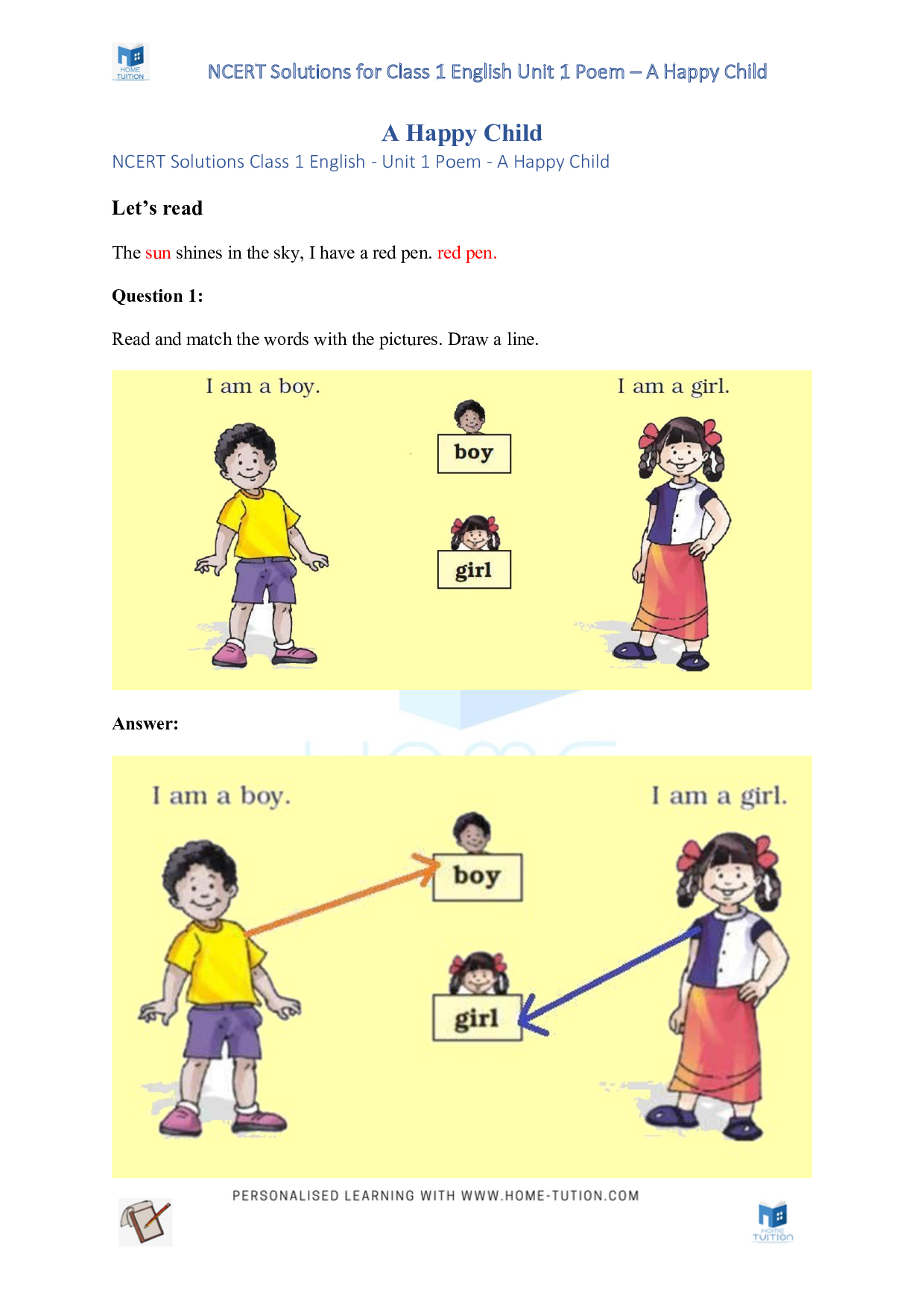 NCERT Solutions for Class 1 English Unit 1 Poem - A Happy Child