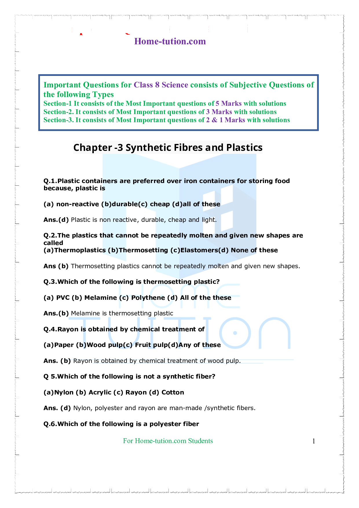 Important Questions for Chapter -3 Synthetic Fibres and Plastics