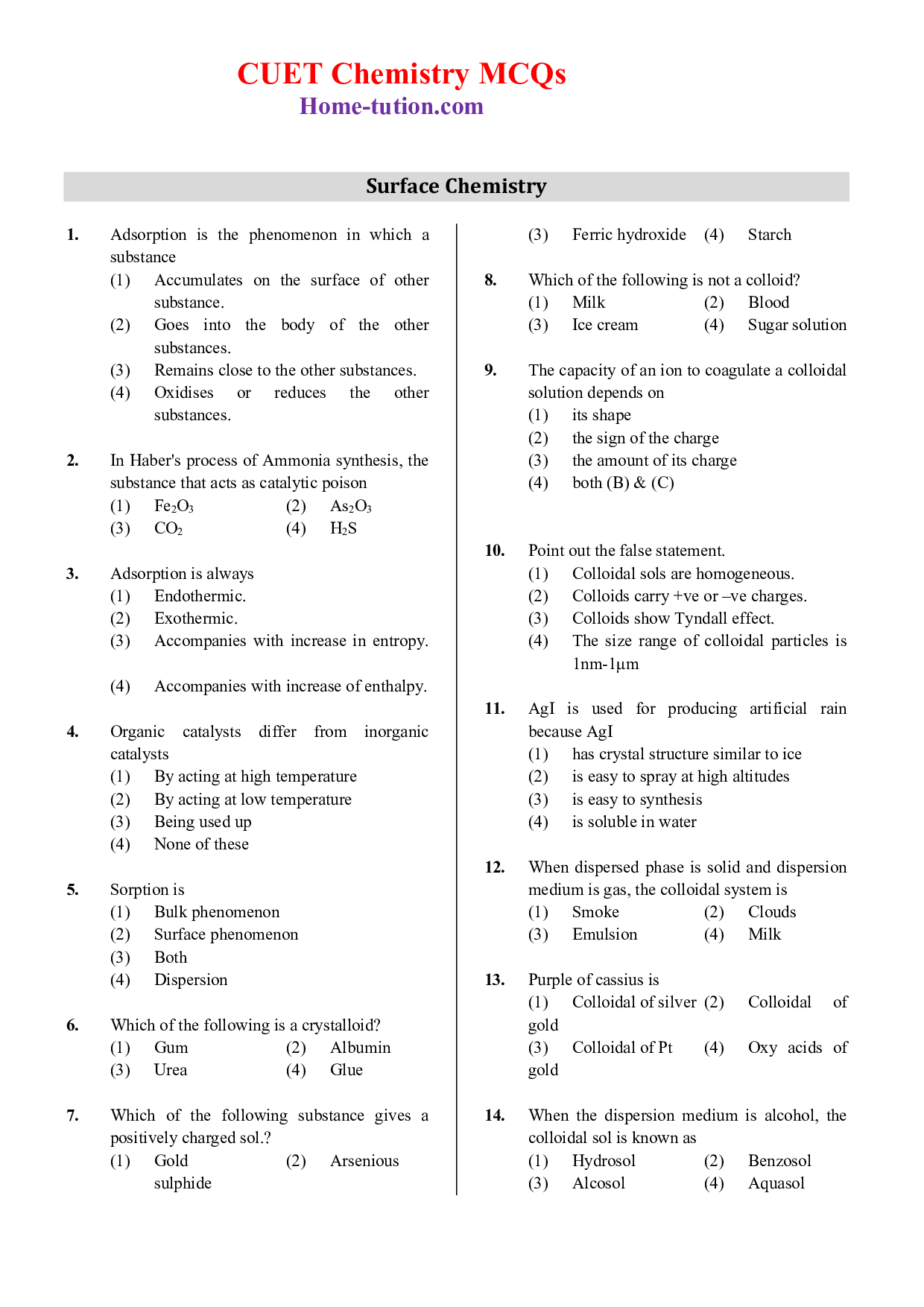 CUET MCQ Questions For Chapter-05 Surface Chemistry