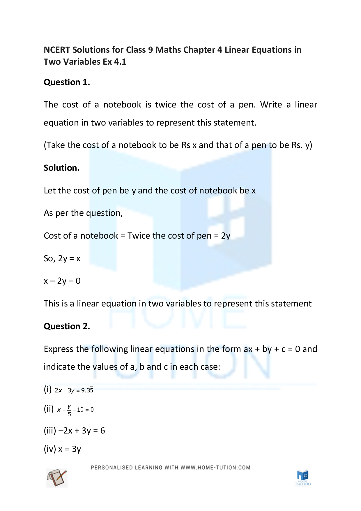 Ncert Solutions For Class 9 Maths Chapter 4 Linear Equations In Two Variables 9909