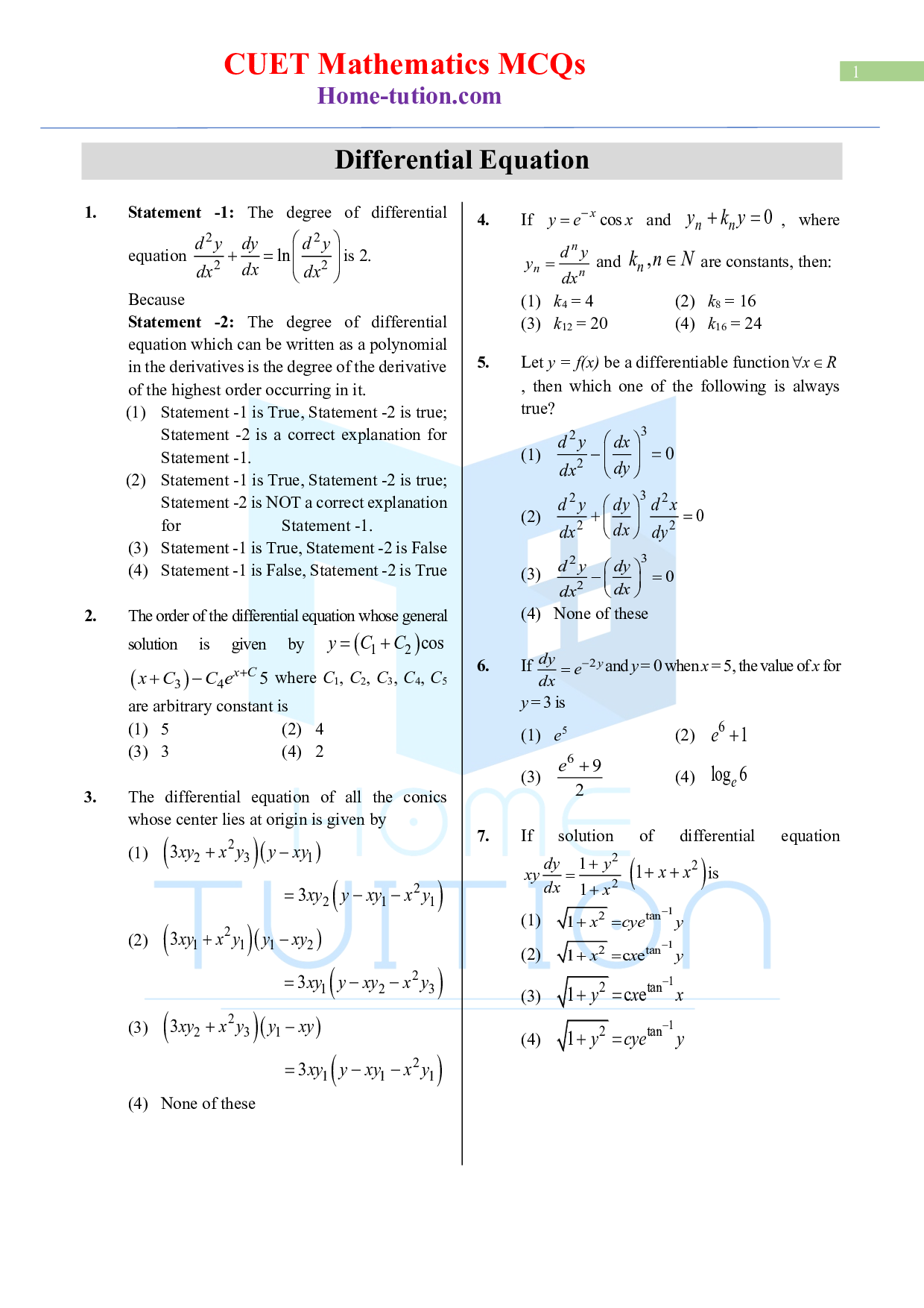 CUET MCQ Questions For Maths Chapter-5 Differential Equation