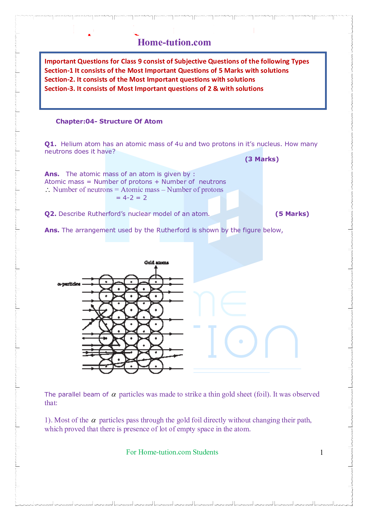 Questions for Class 9 Science Chapter 4 Structure of The Atom
