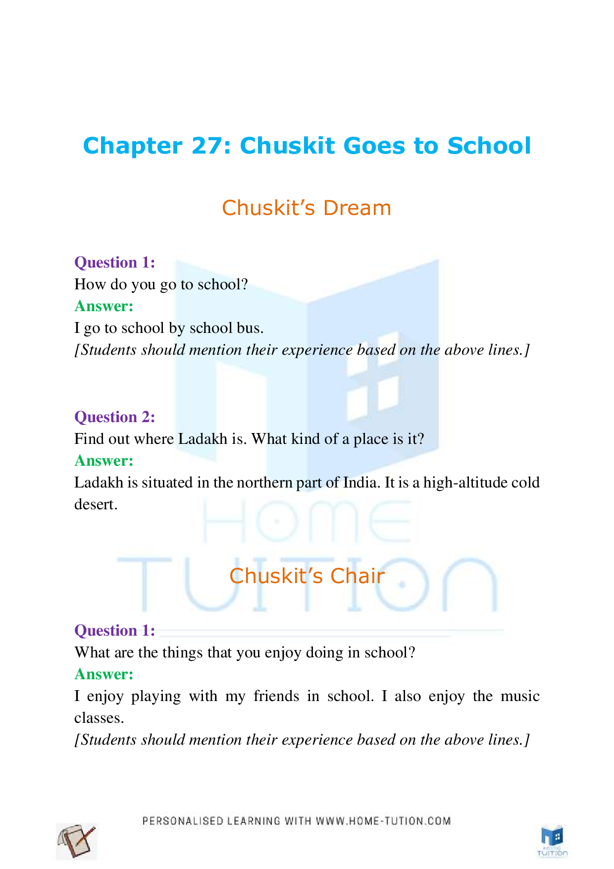 NCERT Class 4 EVS Chapter-27 Chuskit Goes to School