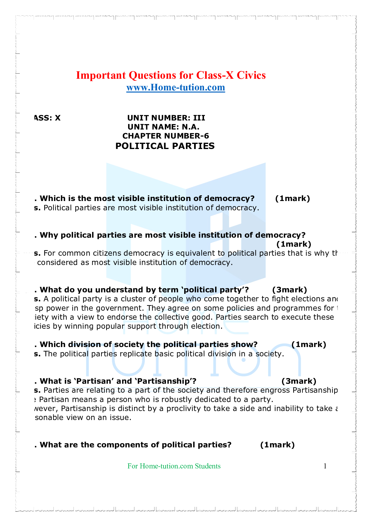 Chapter-6 Political Parties Questions