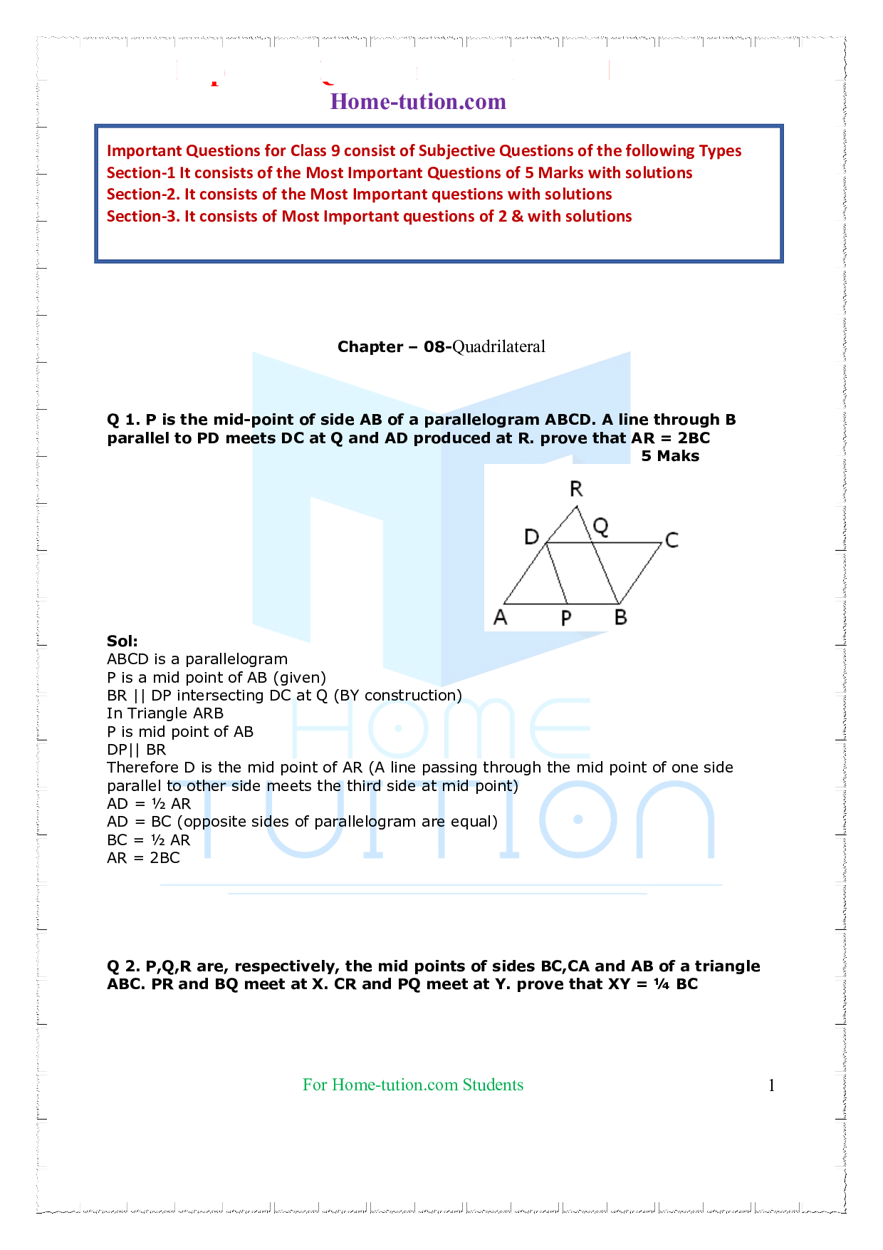 Questions for Class 9 Maths Chapter 8 Quadrilaterals