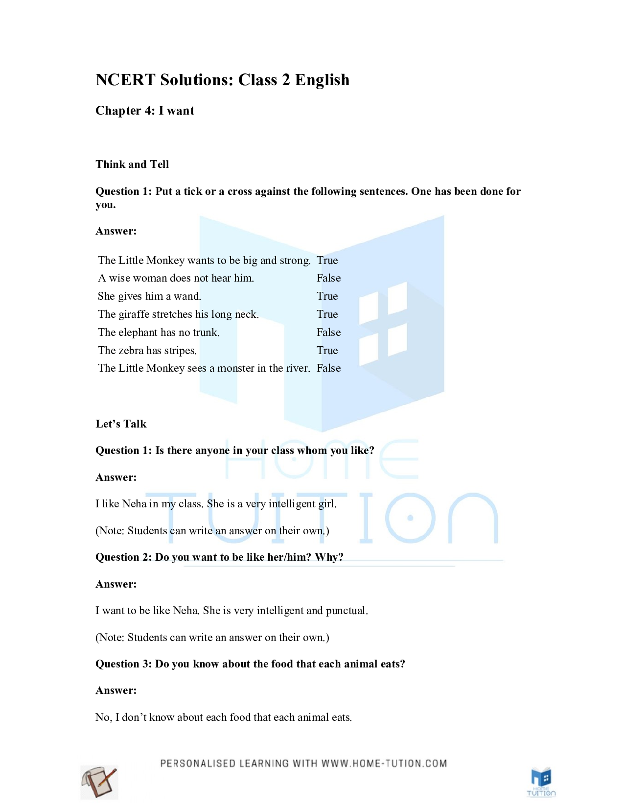 NCERT Solutions for Class 2 English I want