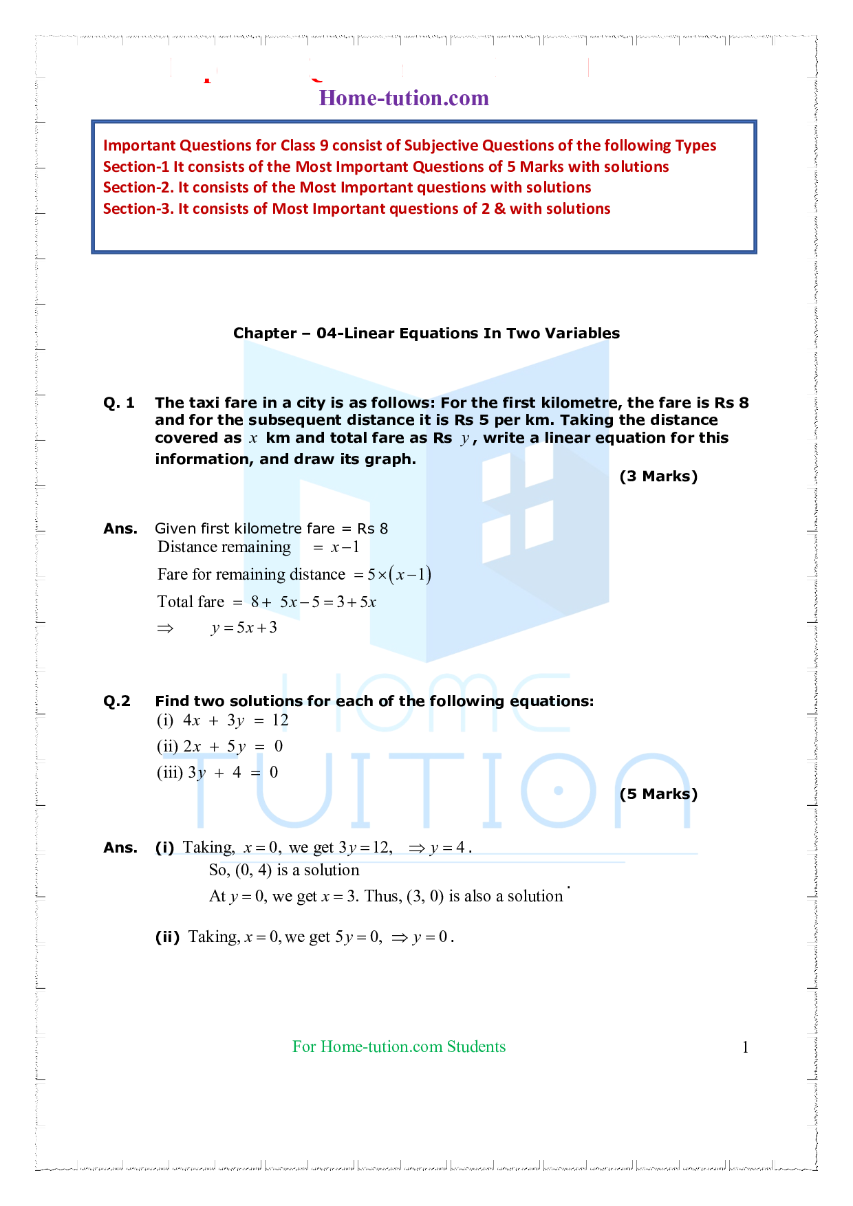 Questions for Class 9 Maths Chapter 4 Linear Equations in Two Variables    