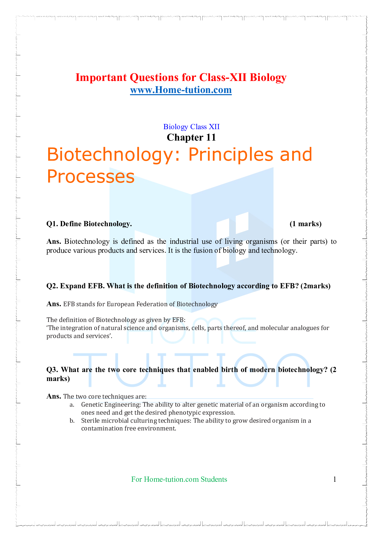Chapter-11 Biotechnology Principles and Processes Questions