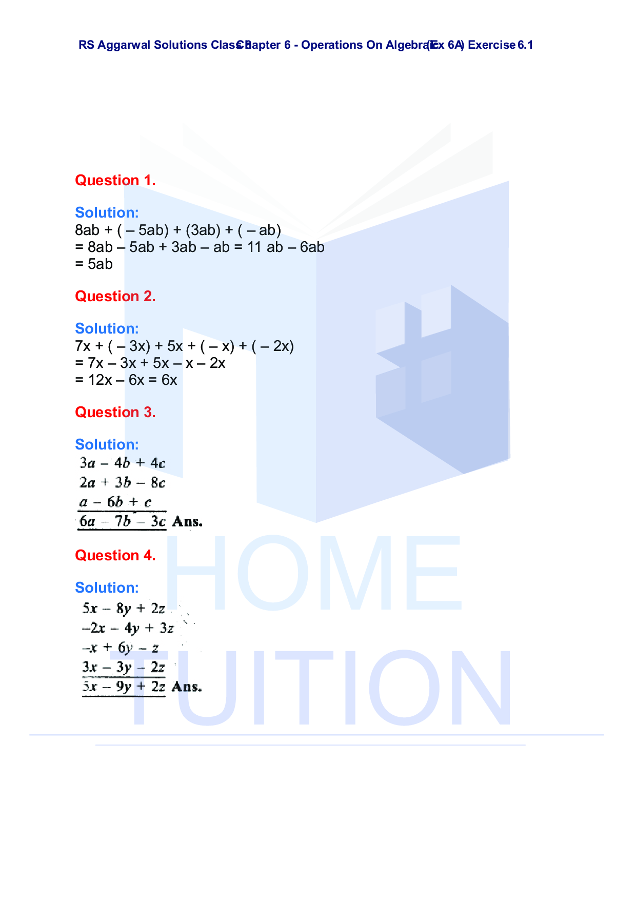 Chapter-6 Operations on Algebraic Expressions