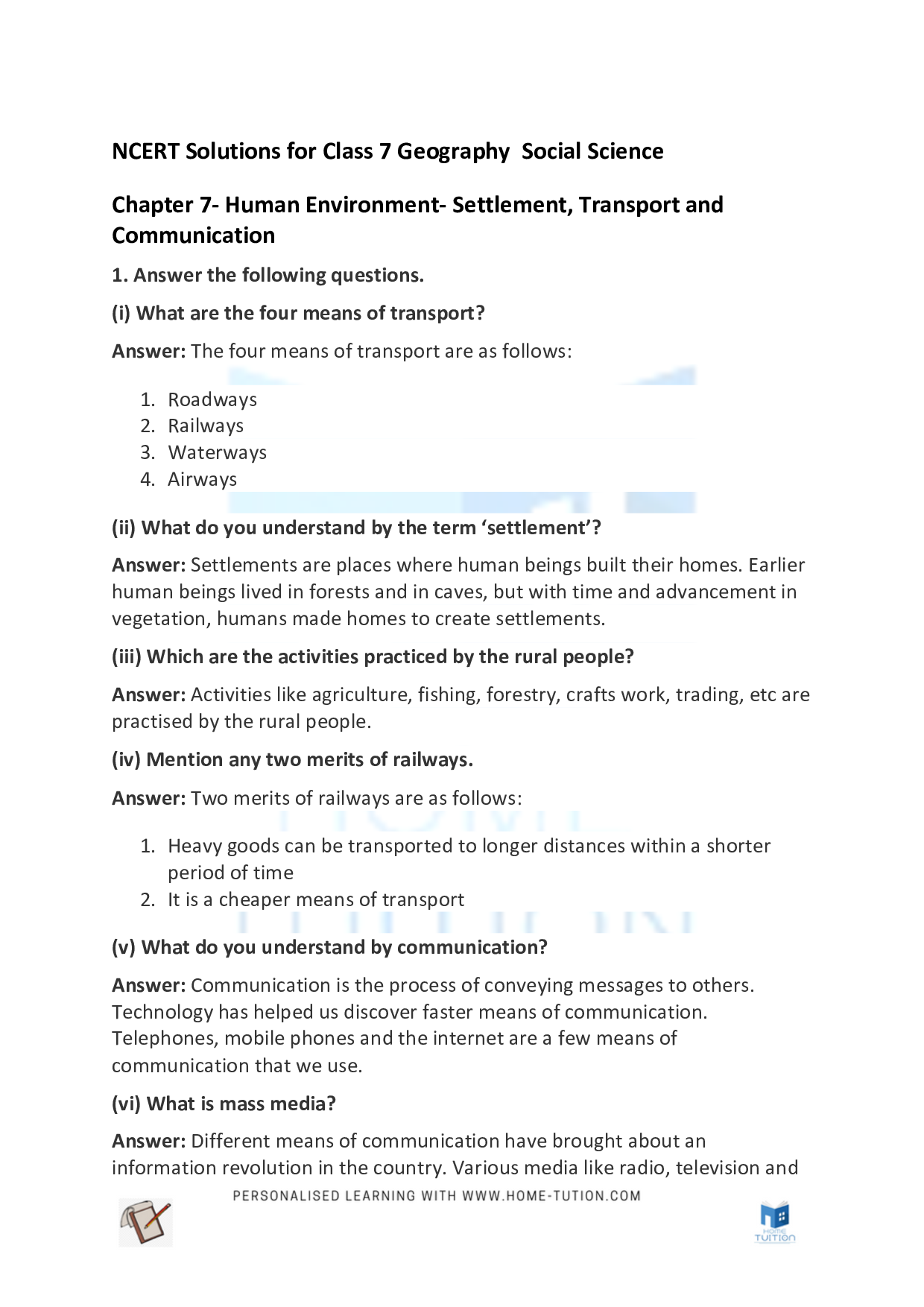 Chapter 7 Human-Environment – Settlement, Transport and Communication