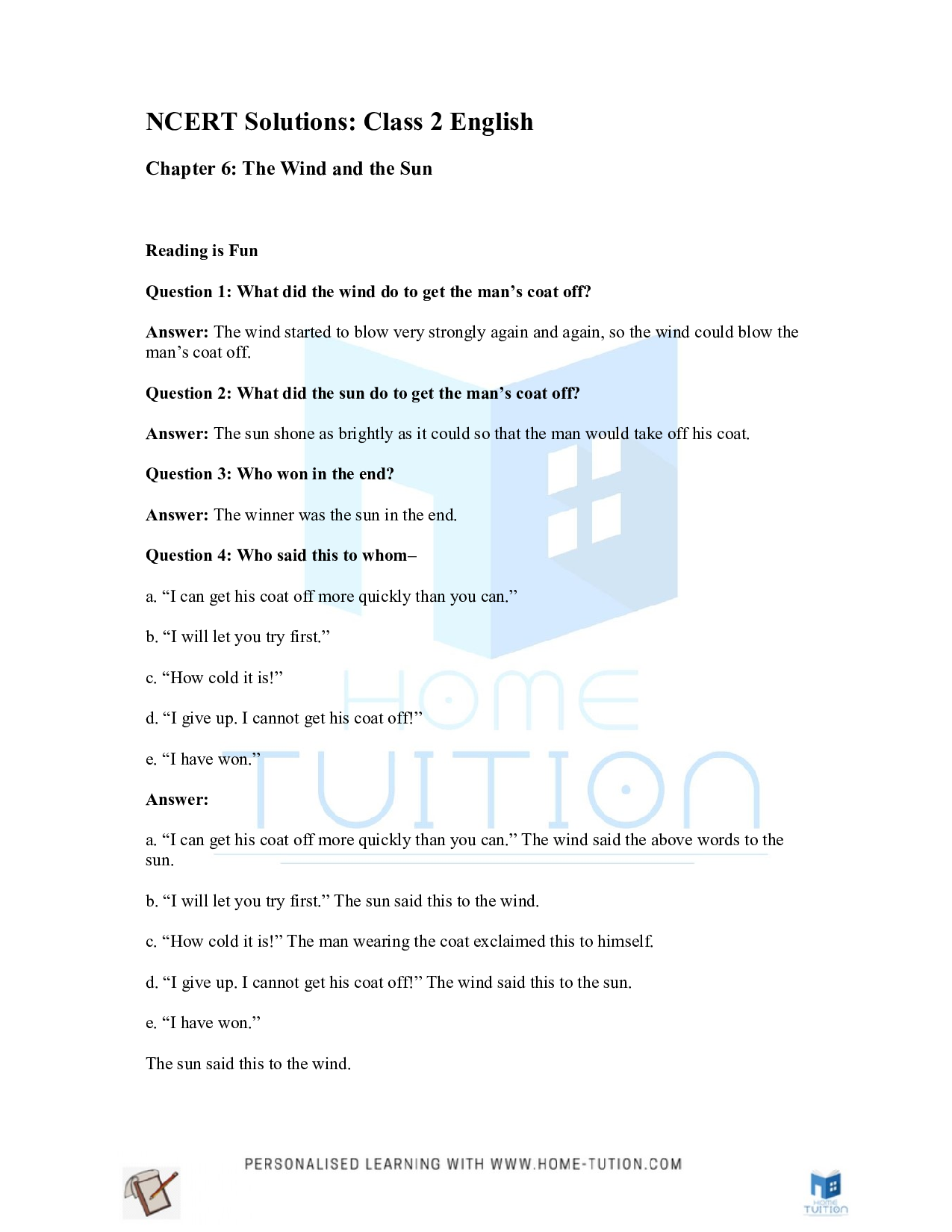 NCERT Solutions for Class 2 English The Wind and the Sun