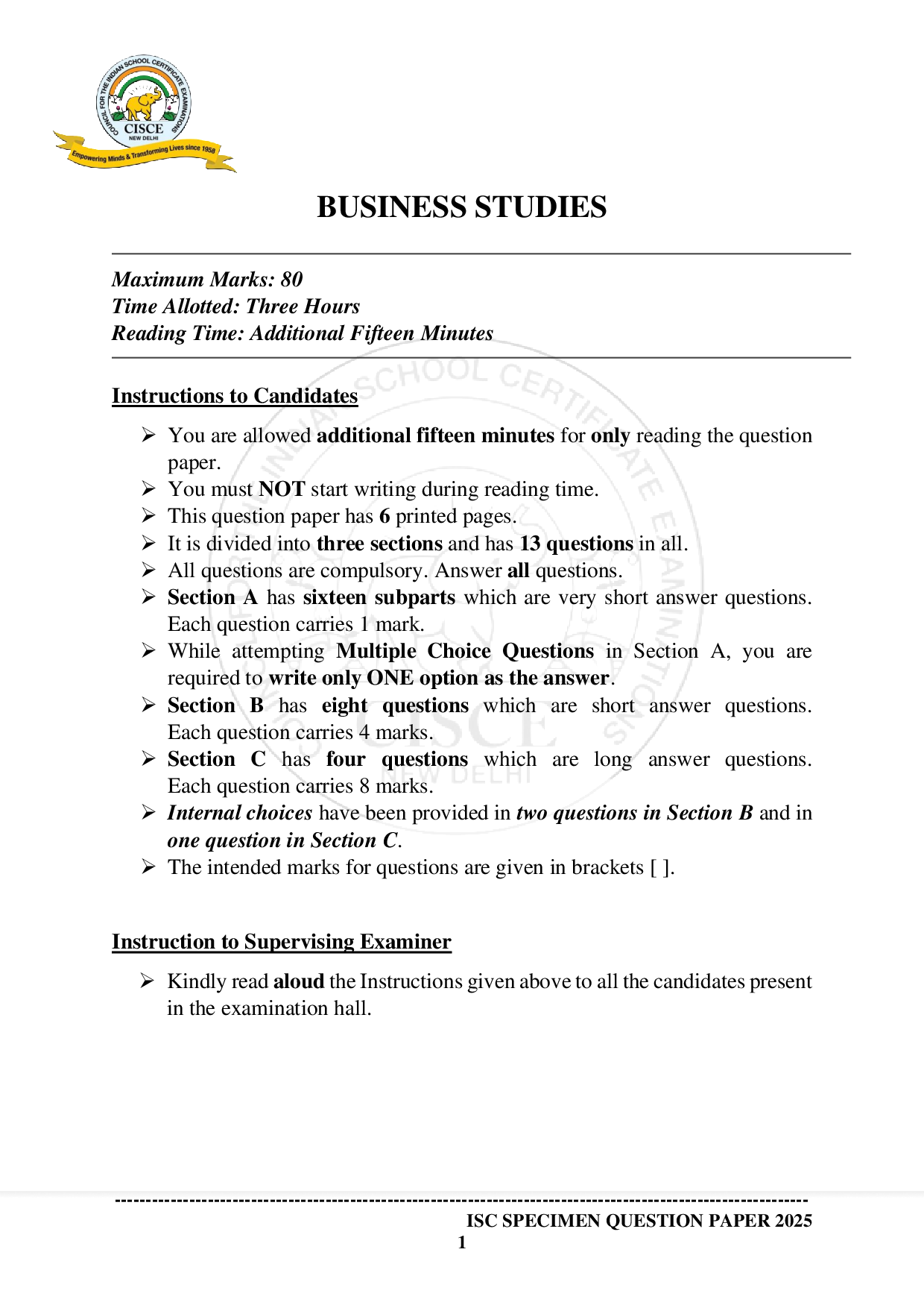 ISE Sample paper for Business Studies