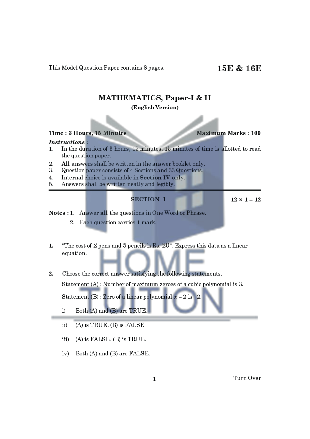 Model Papers For class 10 AP Board Maths