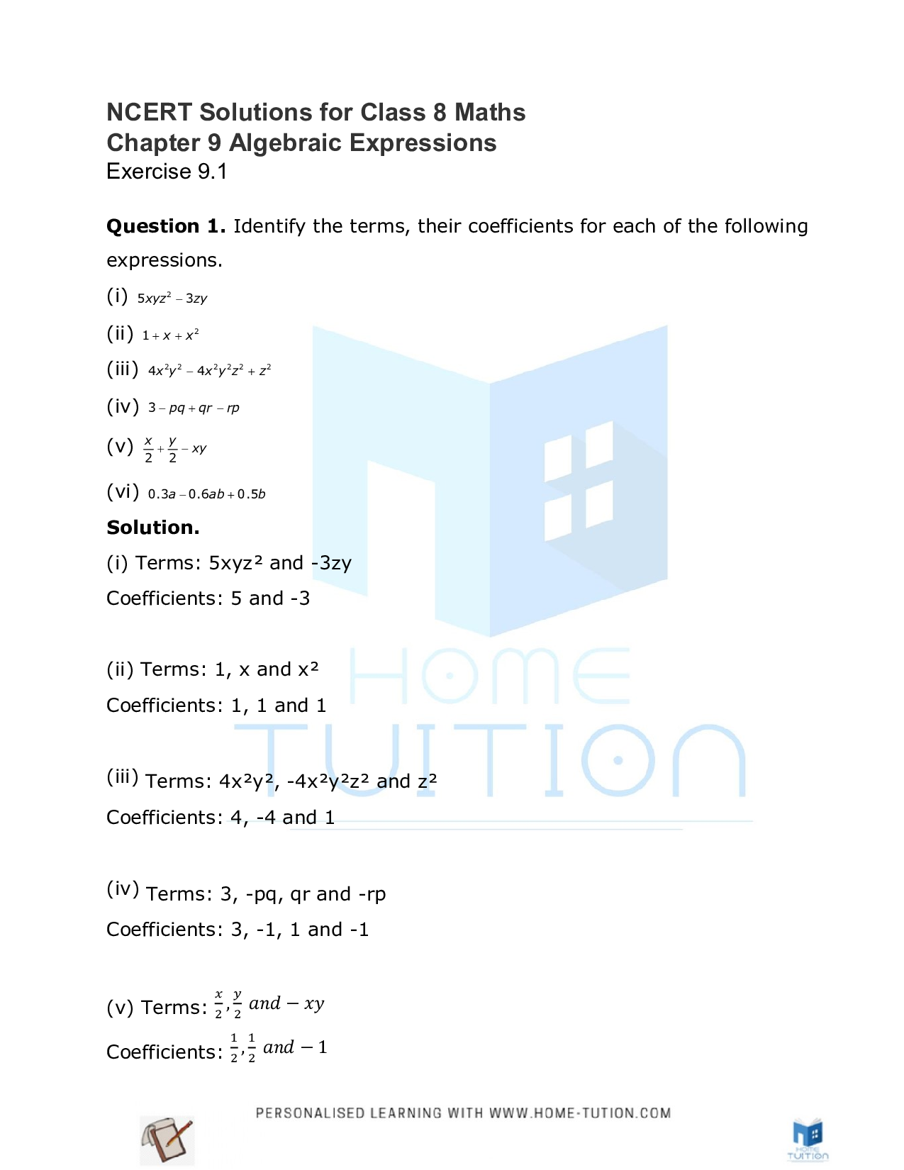 Class 8 Maths Chapter 9 Algebraic Expressions and Identities