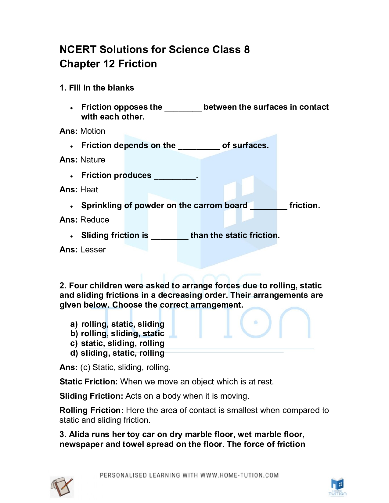 Class 8 Science Chapter 12 Friction