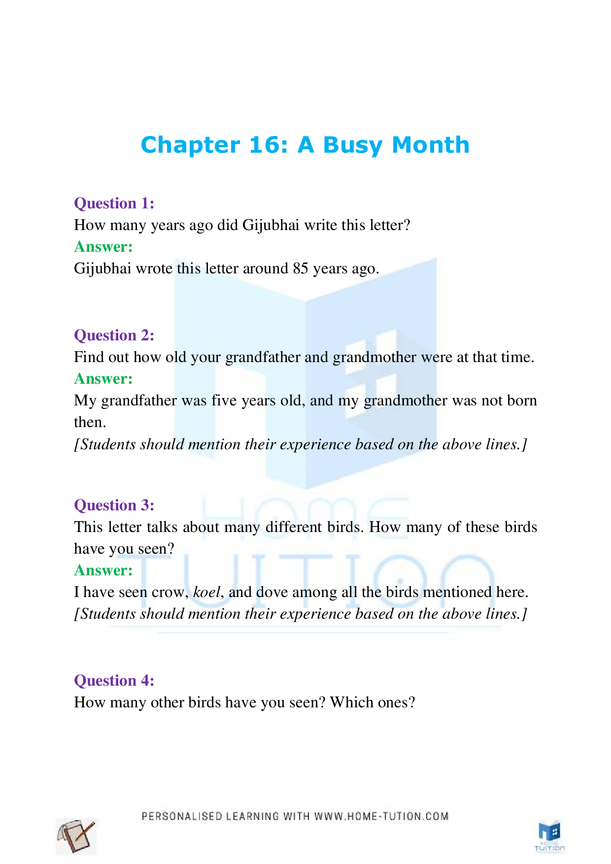 NCERT Class 4 EVS Chapter-16 A busy Month