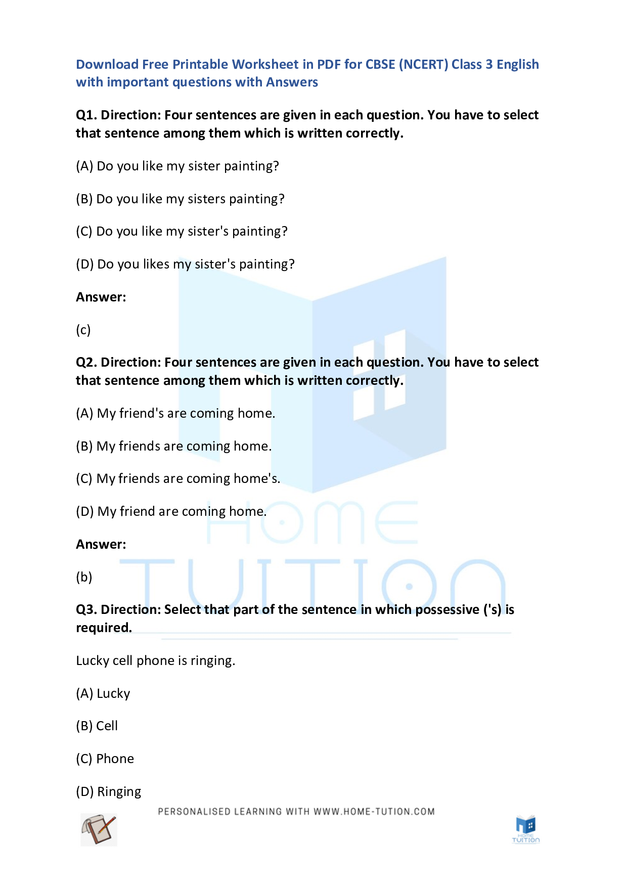 CBSE Class 3 English Uses of Possessives Worksheet with Answers - Download Free Printable PDF