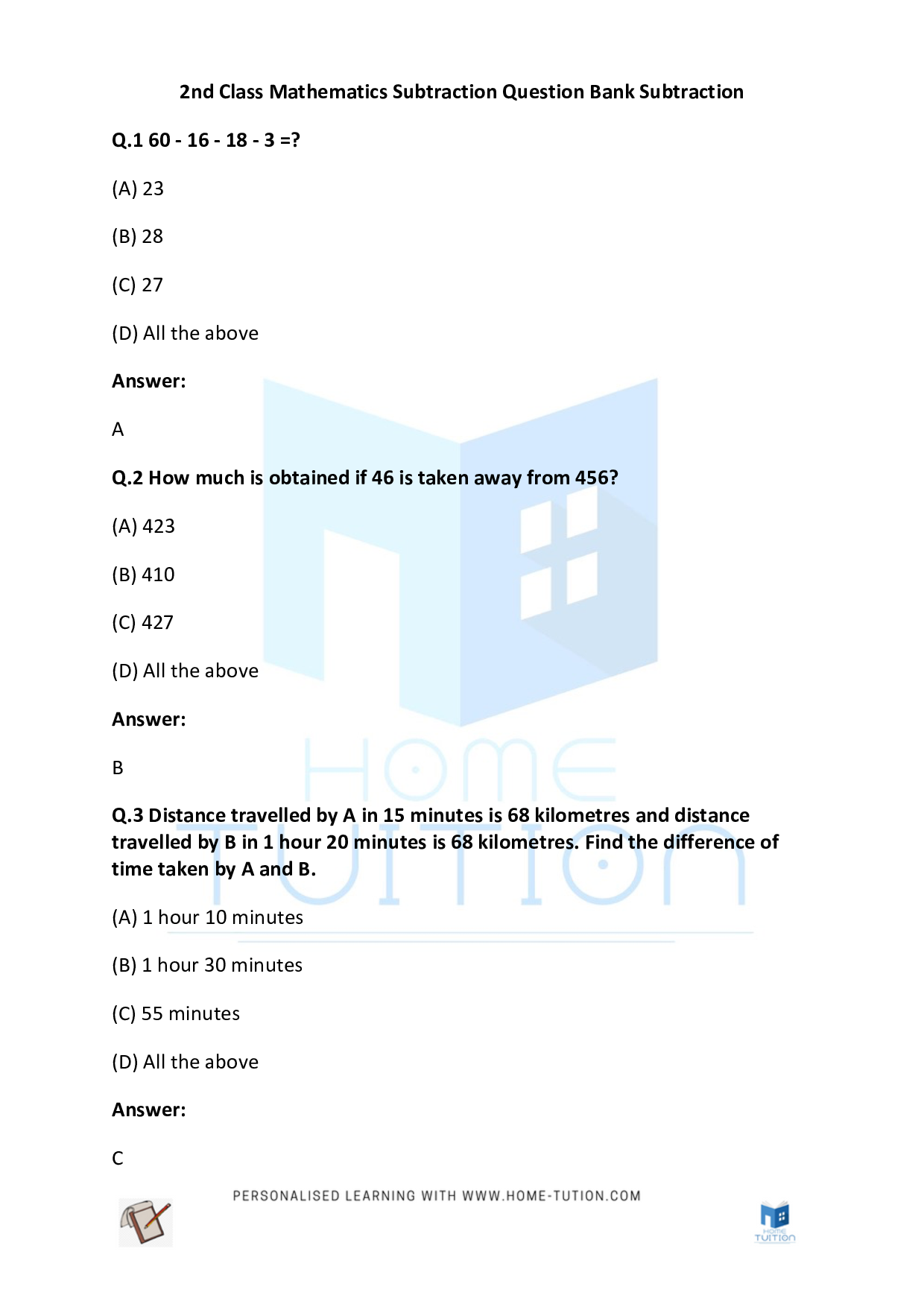 CBSE Printable PDF For Class 2 Maths Subtraction Worksheets Home Tution