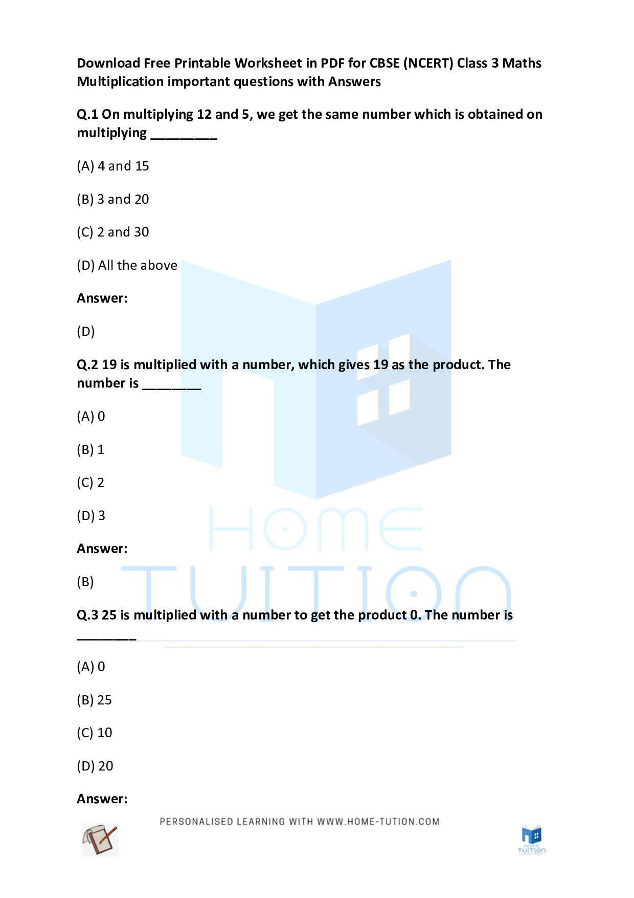 CBSE Class 3 Maths Multiplication Worksheet Questions with Answers PDF 