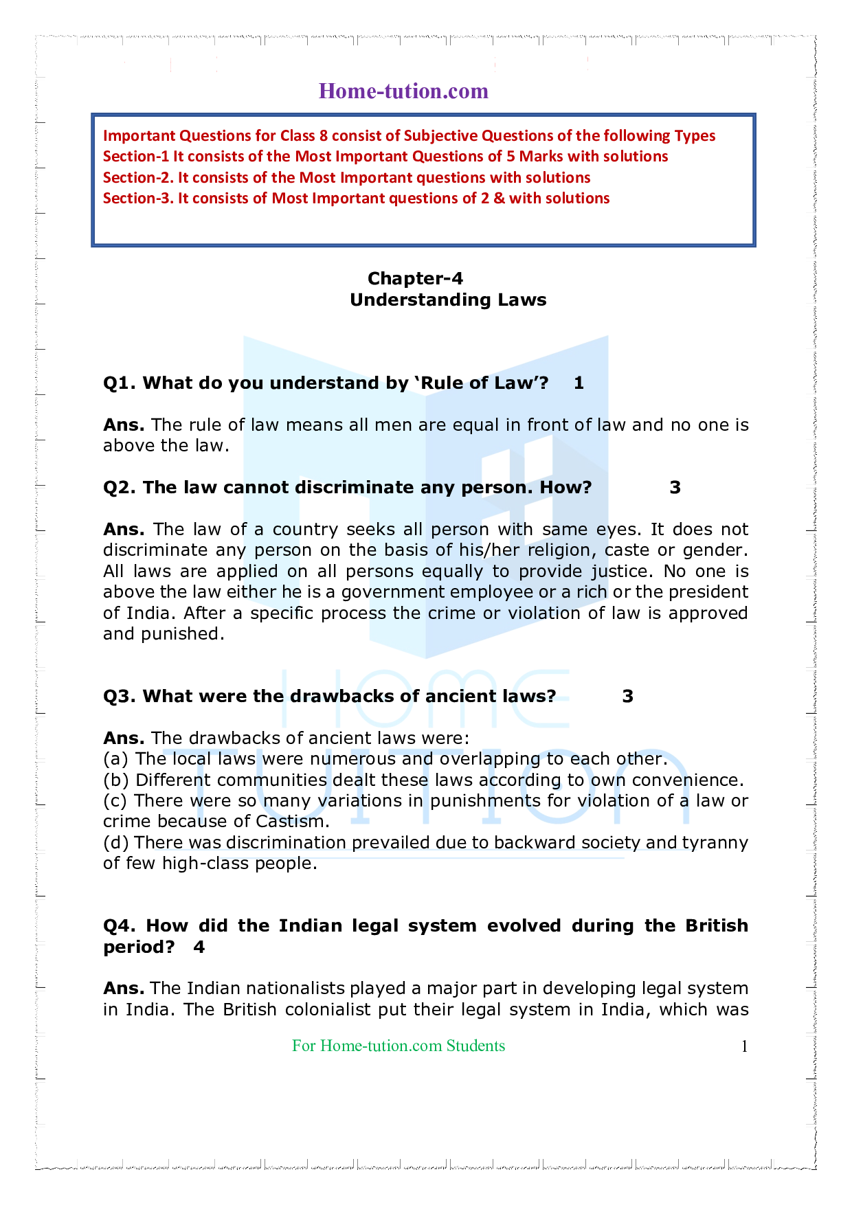 Important Questions on Class 8 Political Science (Civics) Chapter 4 Understanding Laws