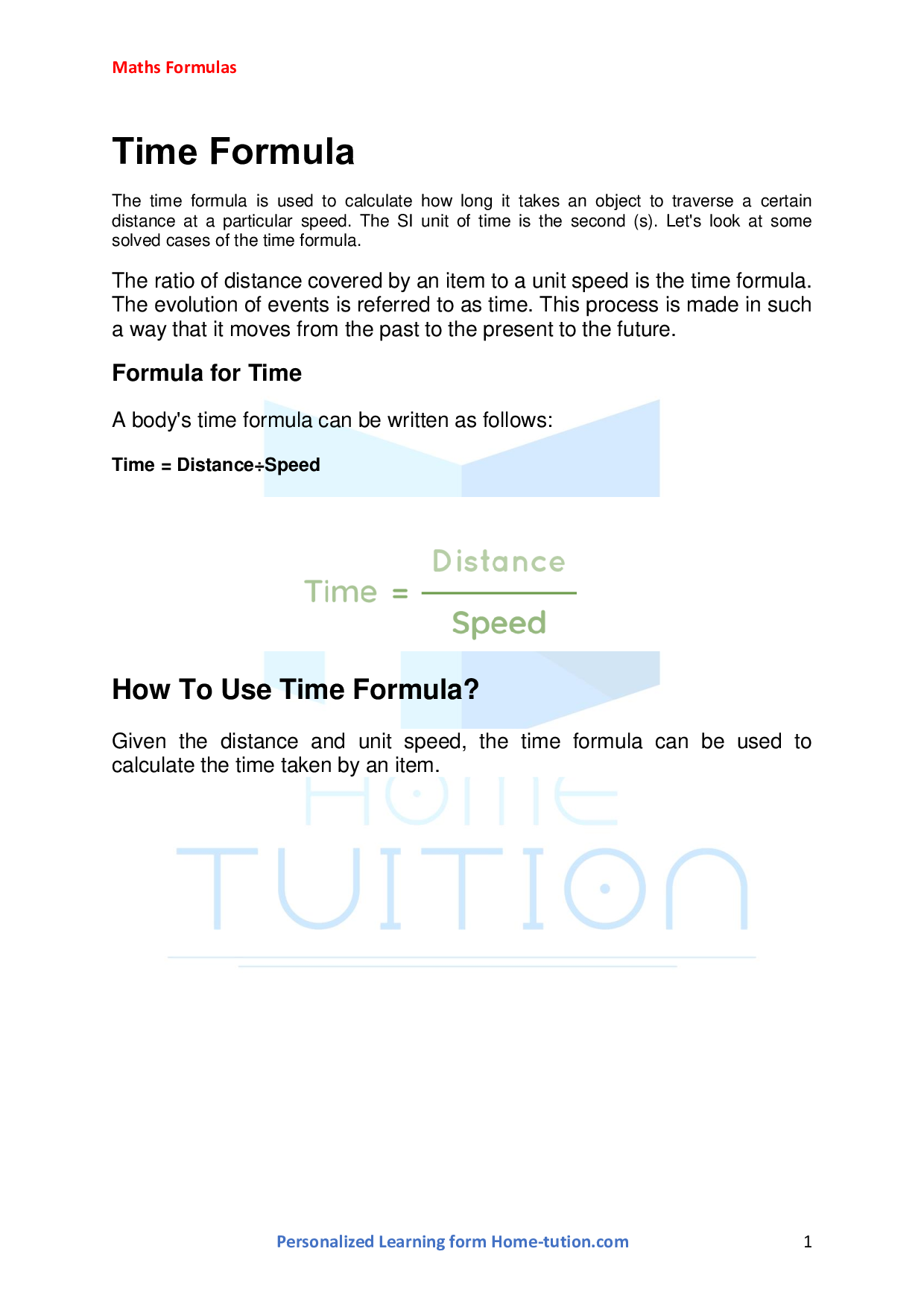 Time Formula Theory Short Notes Solved Examples