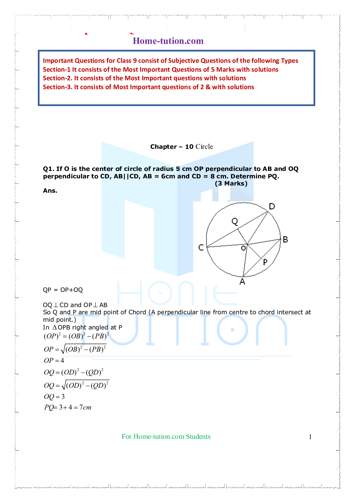 Questions for Class 9 Maths Chapter 10 Circles
