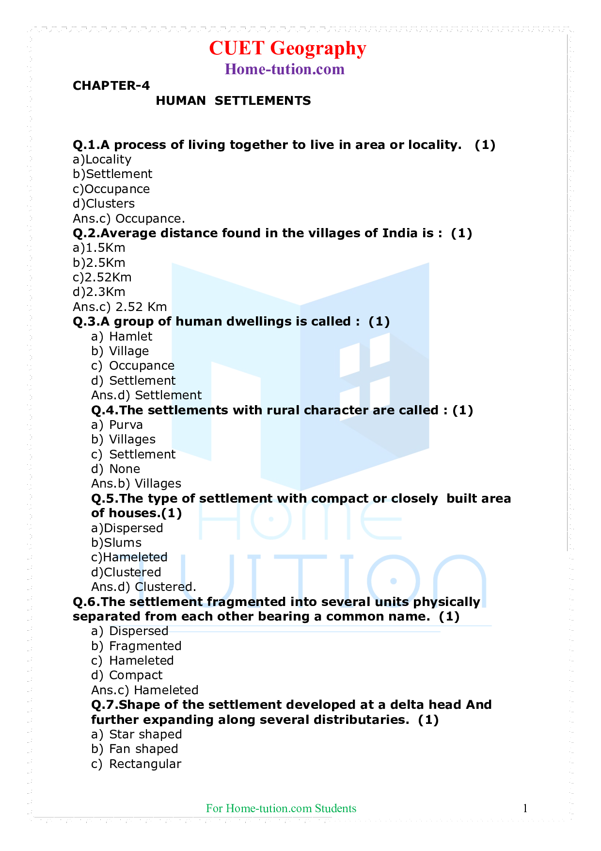 CUET Geography India People and Economy Chapter 4 Human Settlements
