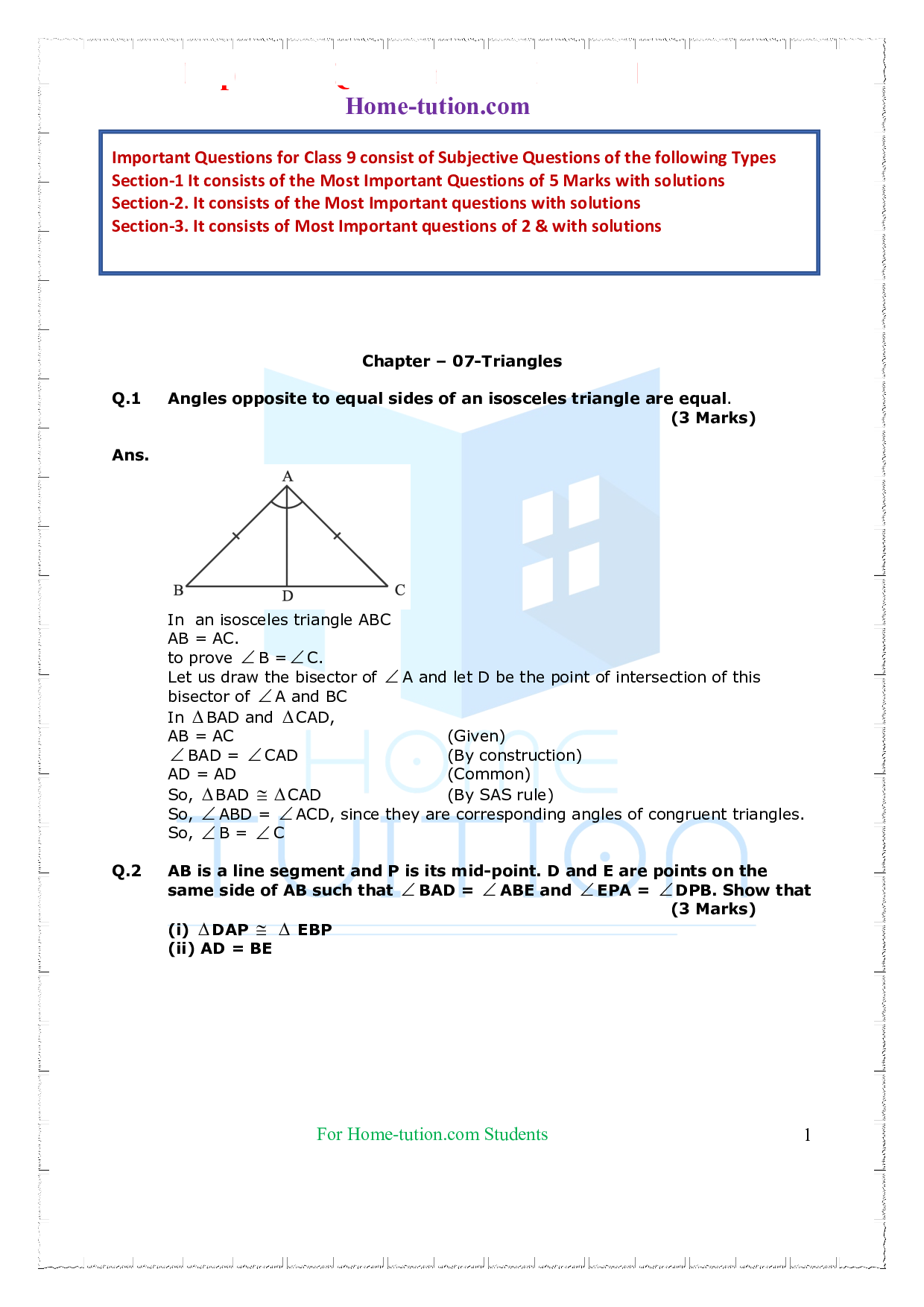 Questions for Class 9 Maths Chapter 7 Triangles
