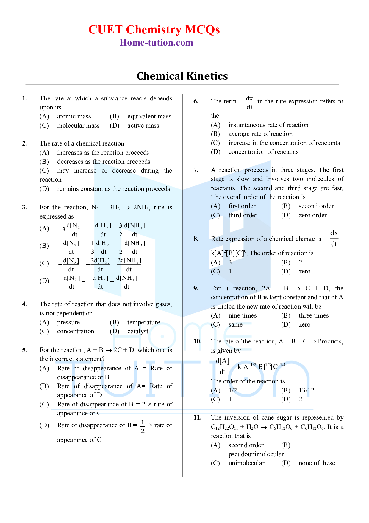 CUET MCQ Questions For Chapter-04 Chemical Kinetics