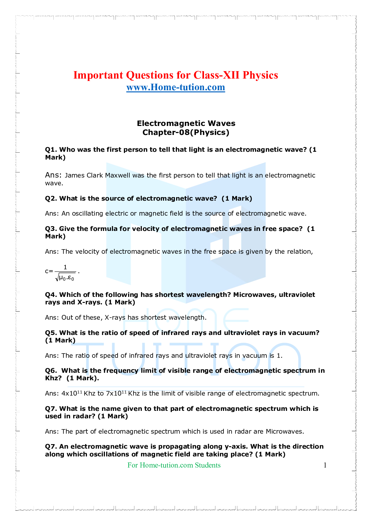 Chapter 8 Electromagnetic Waves Questions