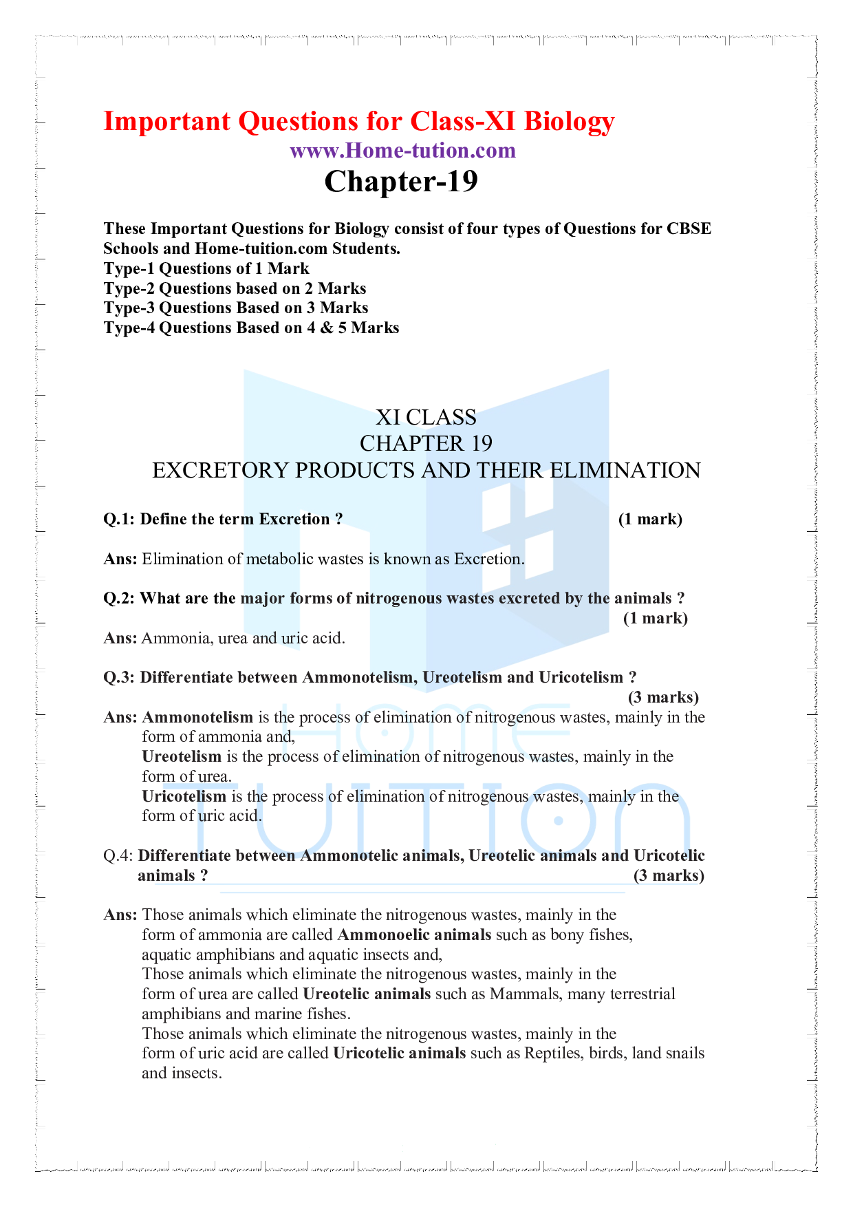 Chapter 19 Excretory Products and their Elimination Important Questions