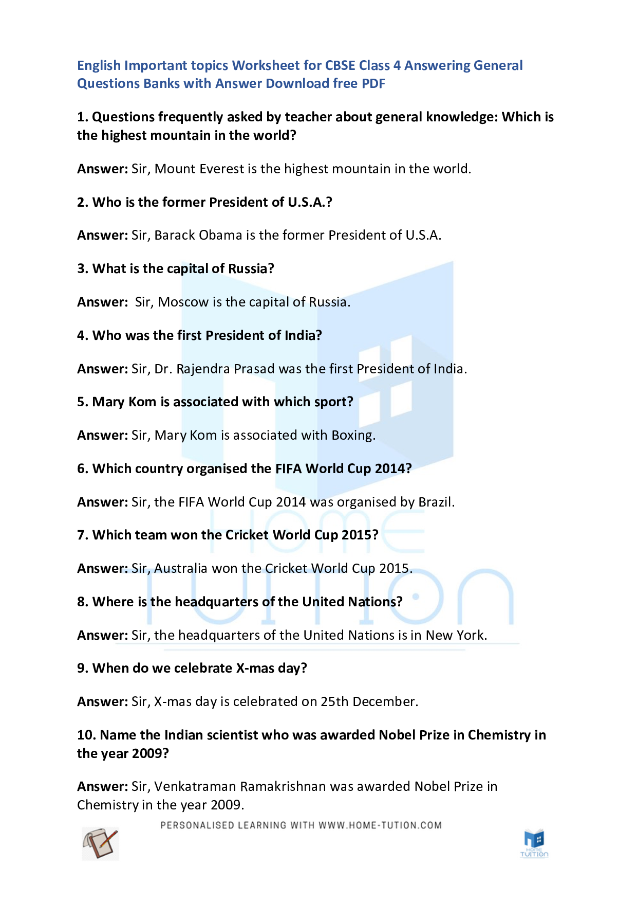 CBSE NCERT Class 4 English Answering General Questions Worksheet with Answers PDF