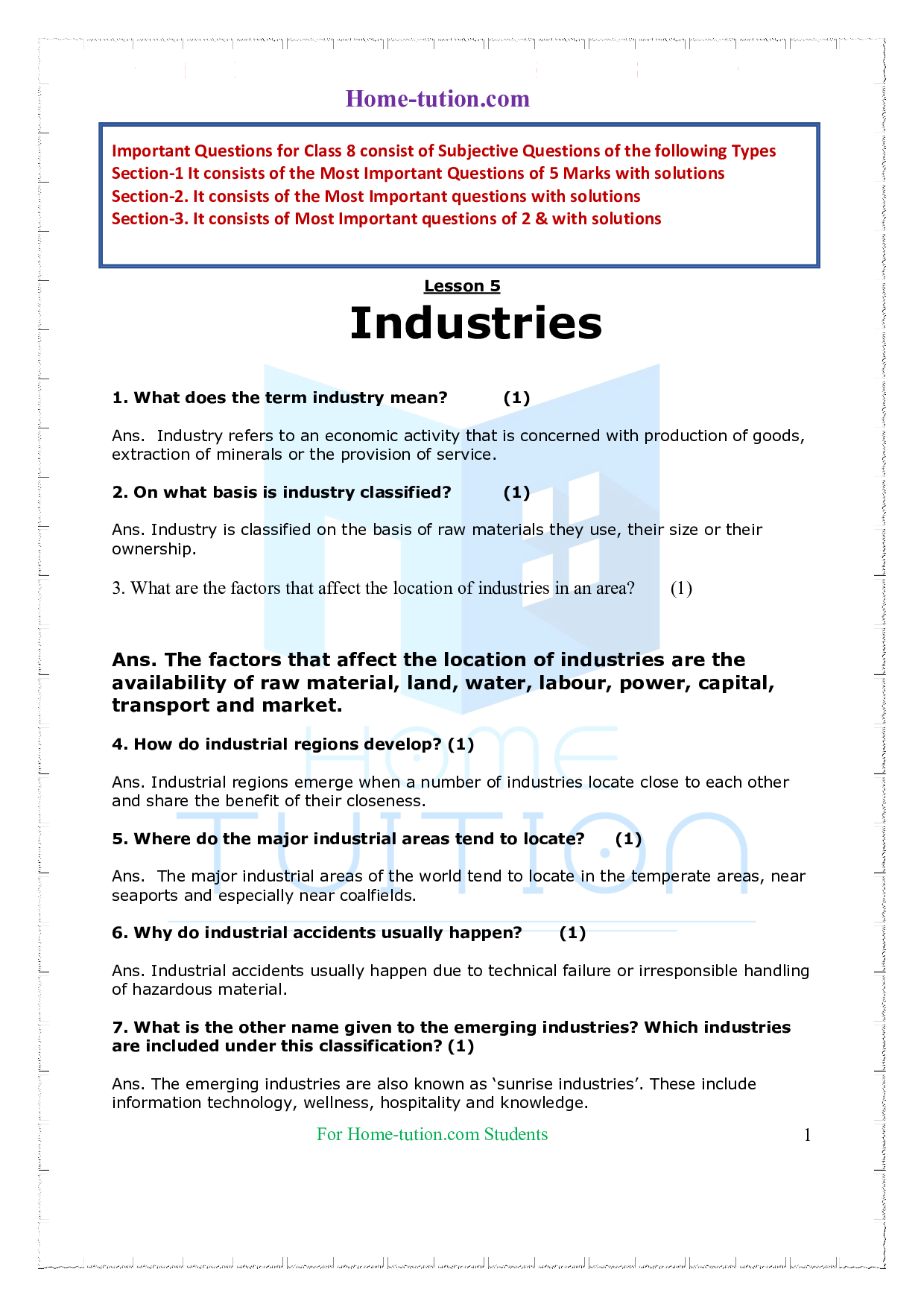 Important Questions on Class 8 Geography Chapter 5 Industries