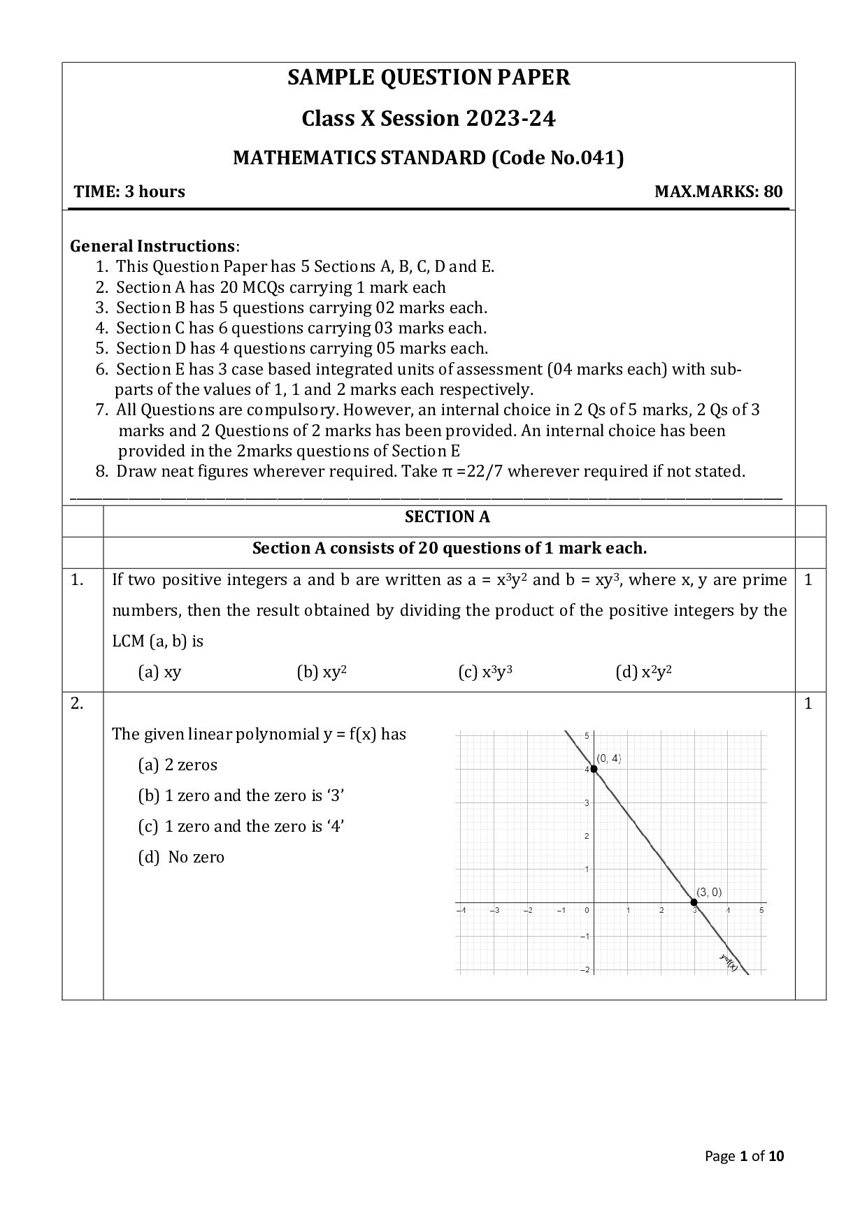 Sample Paper for class 10 Maths Standard 