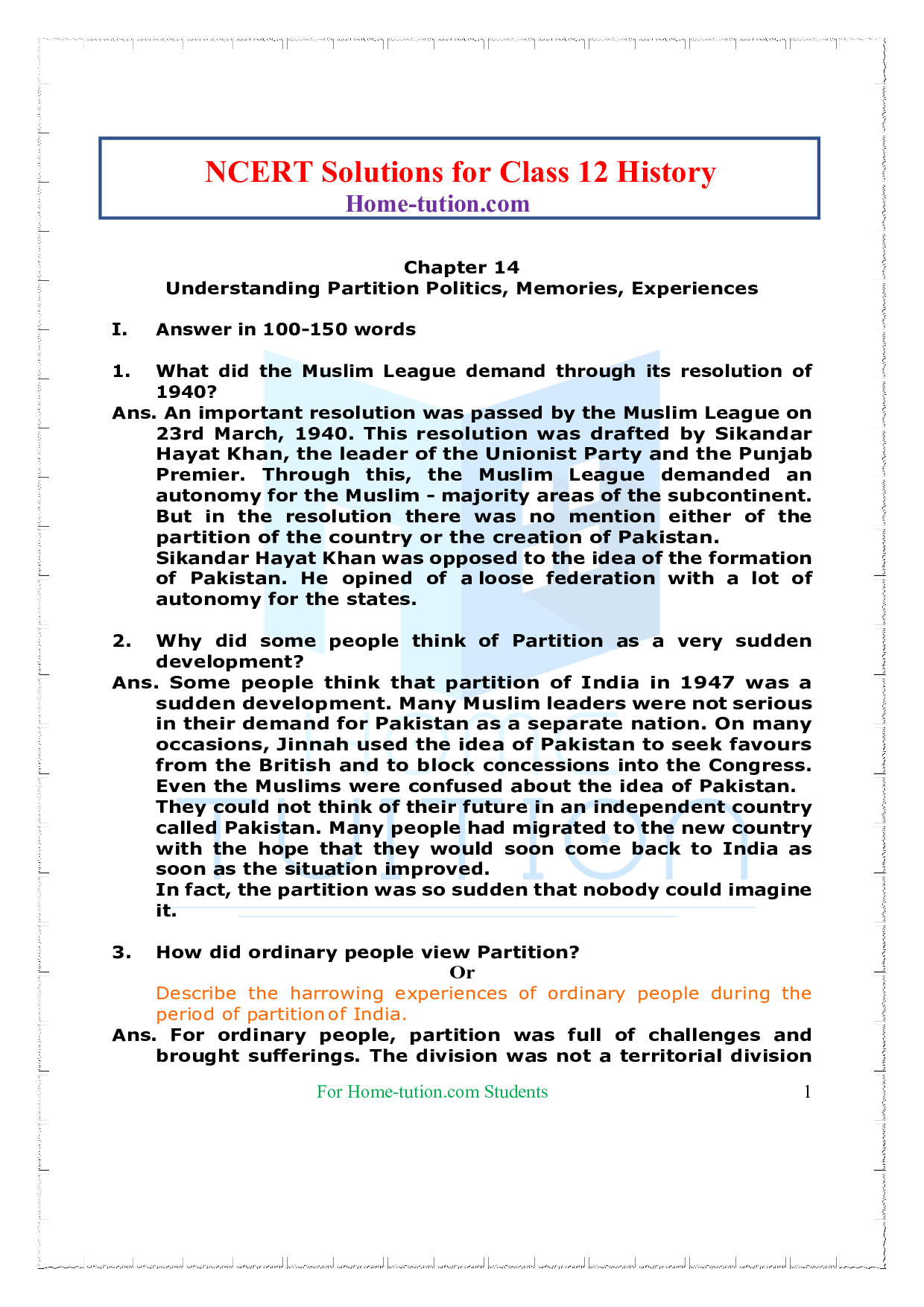 NCERT Solutions Chapter 14 Understanding partition politics, memories, experiences