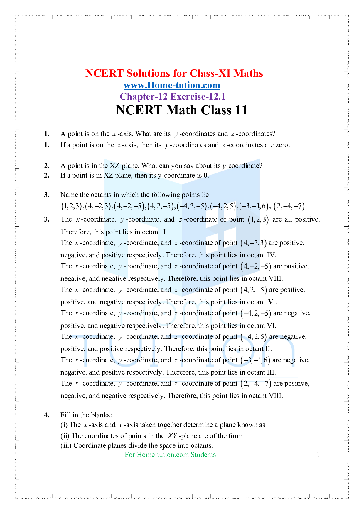 Chapter 12 Introduction to Three-Dimensional Geometry
