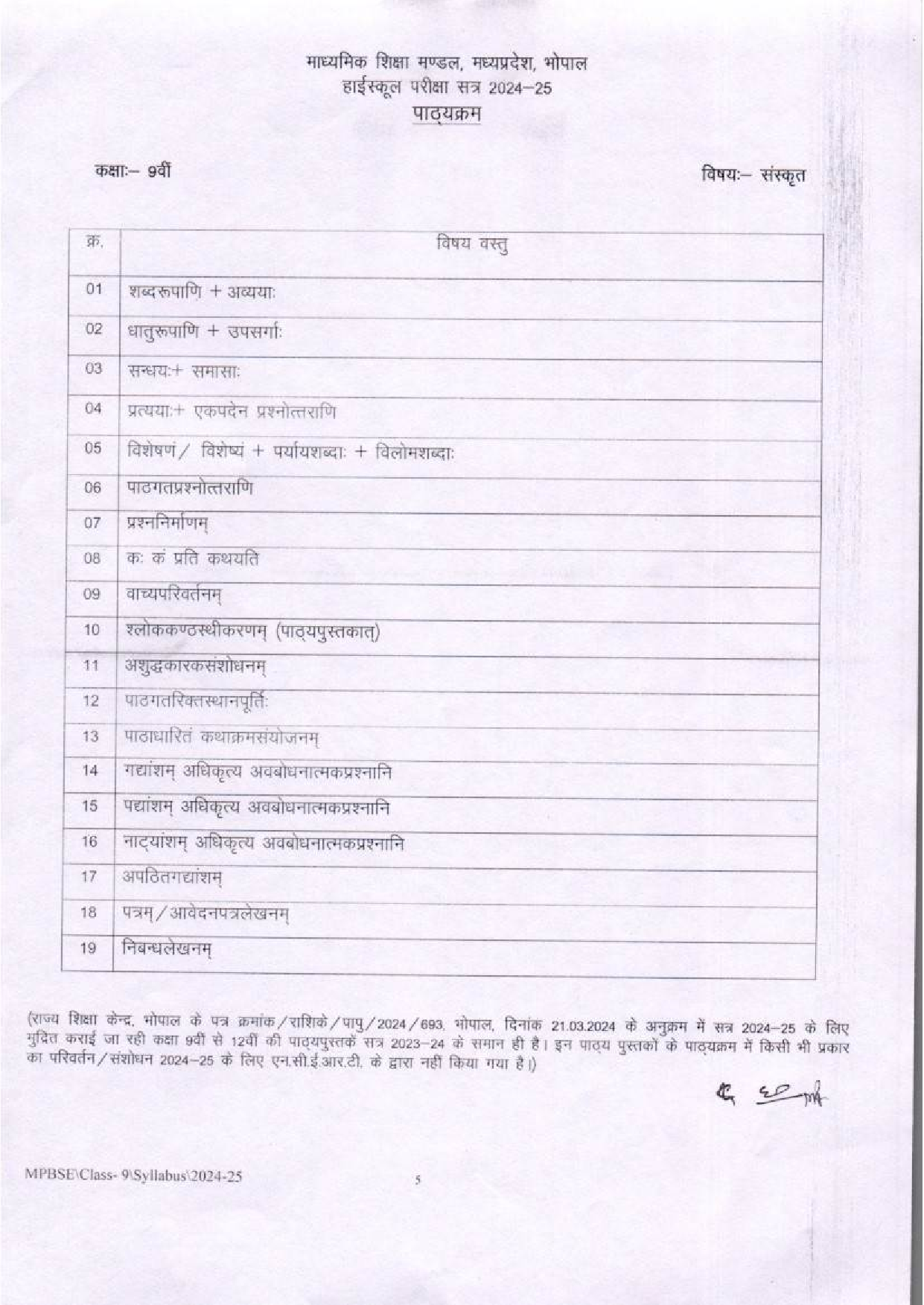 MP Board Class 9 syllabus for Sanskrit