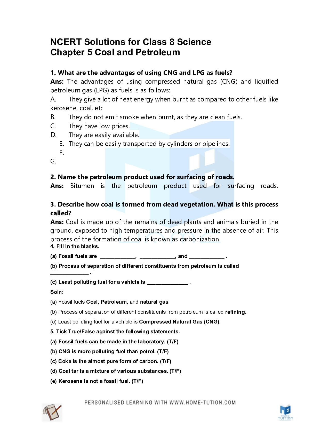 NCERT Solutions For Class 8 Science Chapter 5 Coal and Petroleum