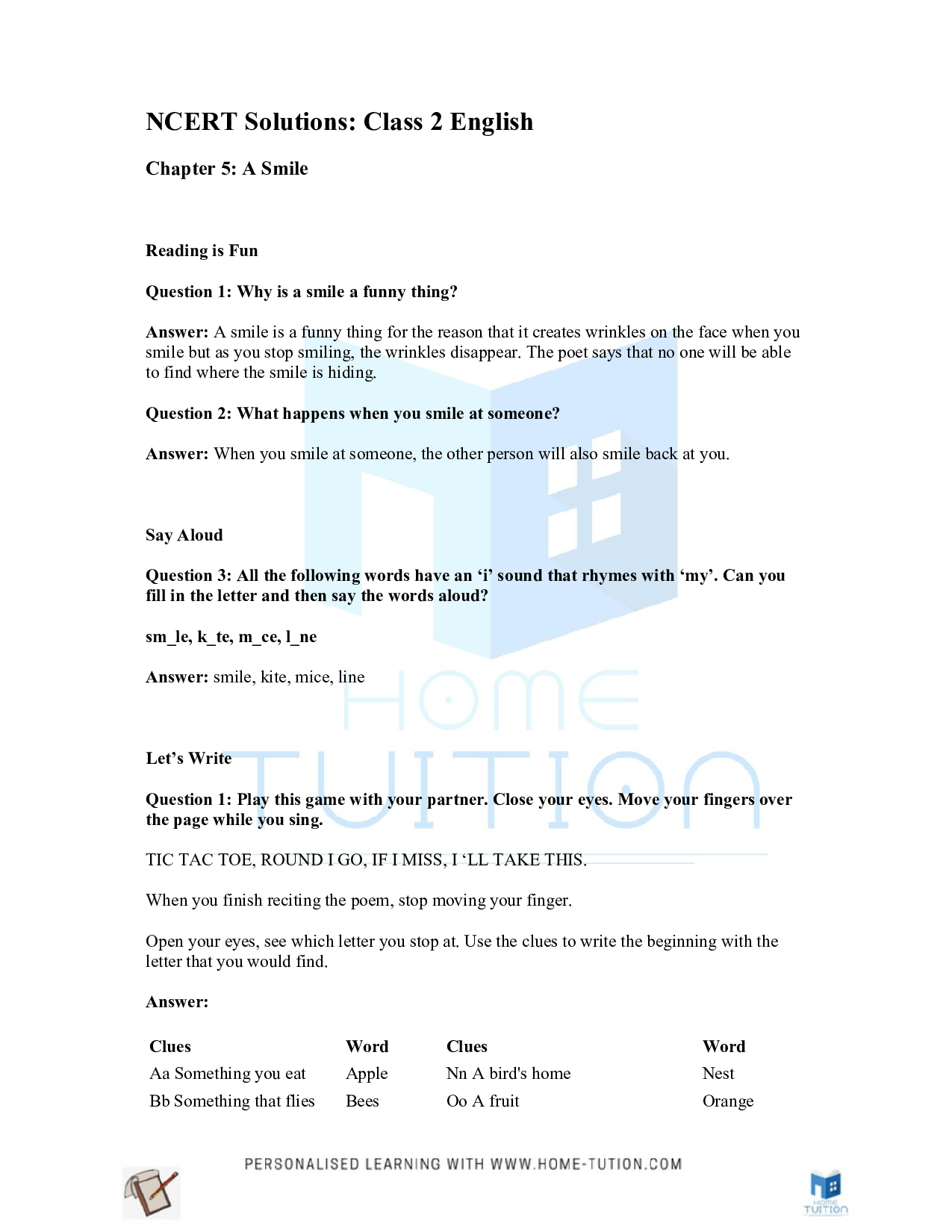NCERT Solutions for Class 2 English A Smile