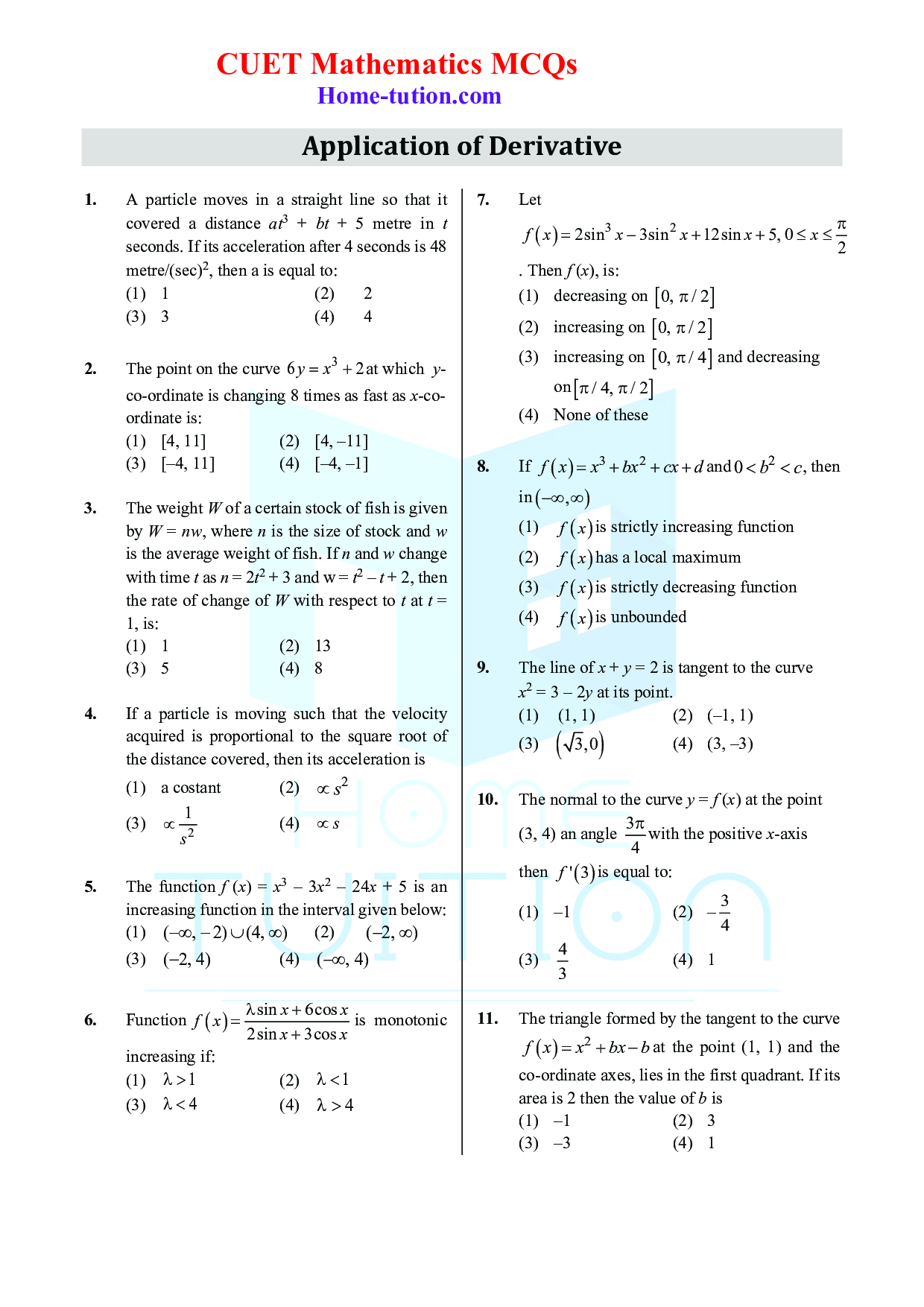 CUET MCQ Questions For Maths Chapter-1 Application of Derivative