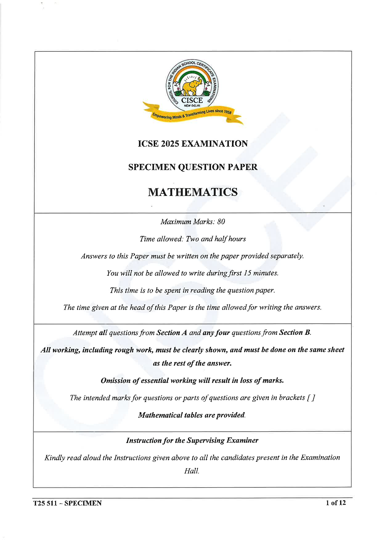 ICSE Board Sample Paper for class 10 Maths